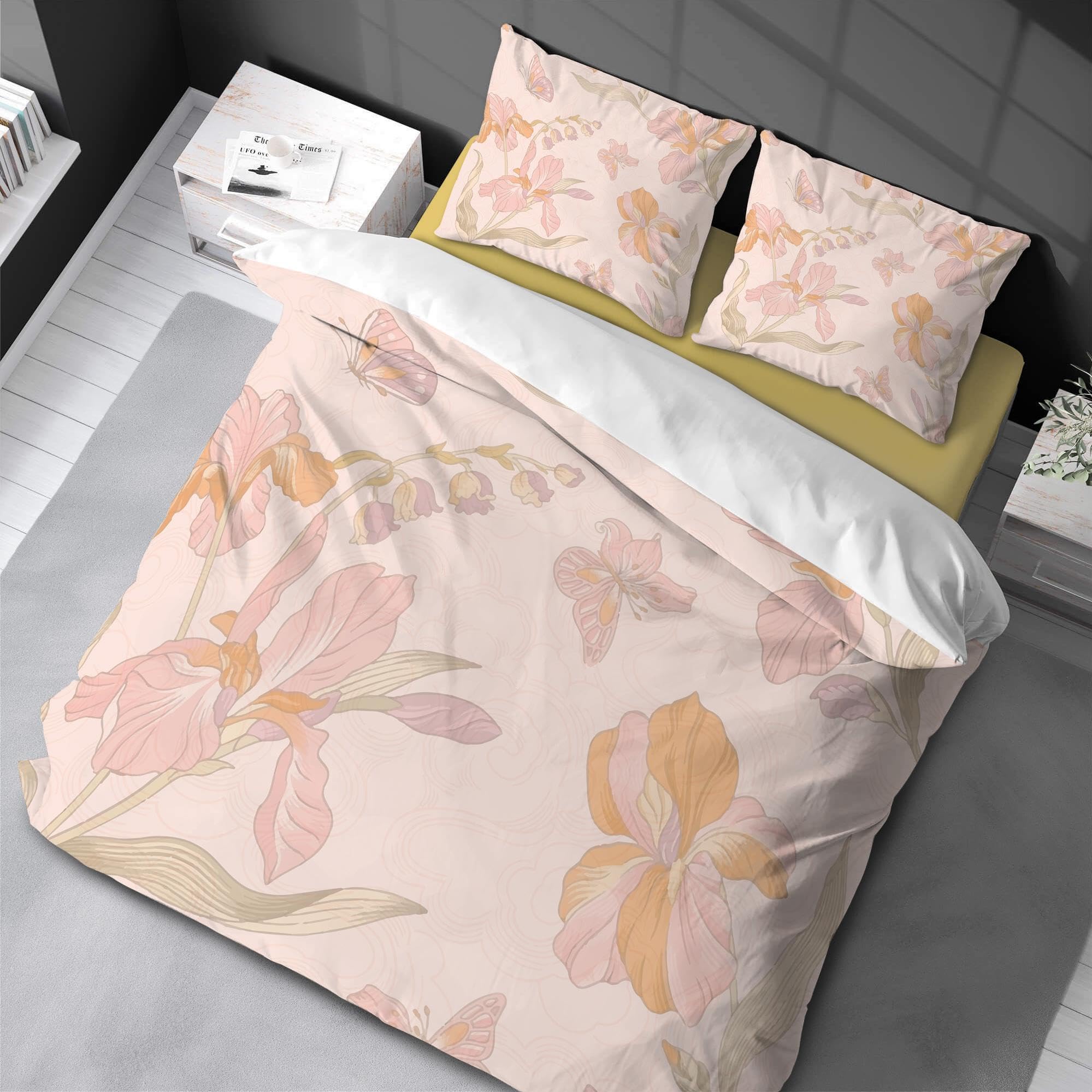 Housse de couette florale rose et imprimé papillon pour chambre cocooning