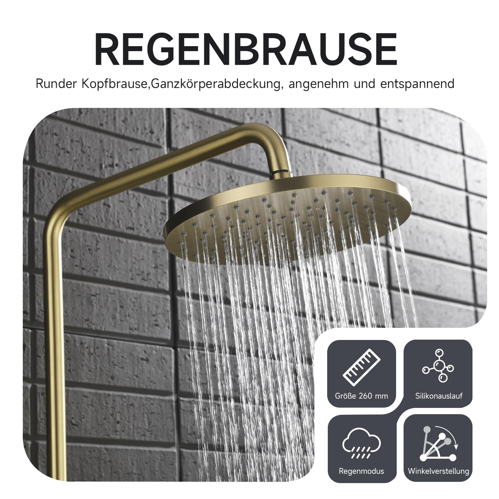Duschsystem,3-in-1-Duschset Gebürstetes Gold,mit 260 mm runder Regenduschkopf,3 Modus Handbrause,und einem unteren Wasserauslass,360° Verstellbarer Regendusche Duschkopf,Multifunktionales Ablagefach