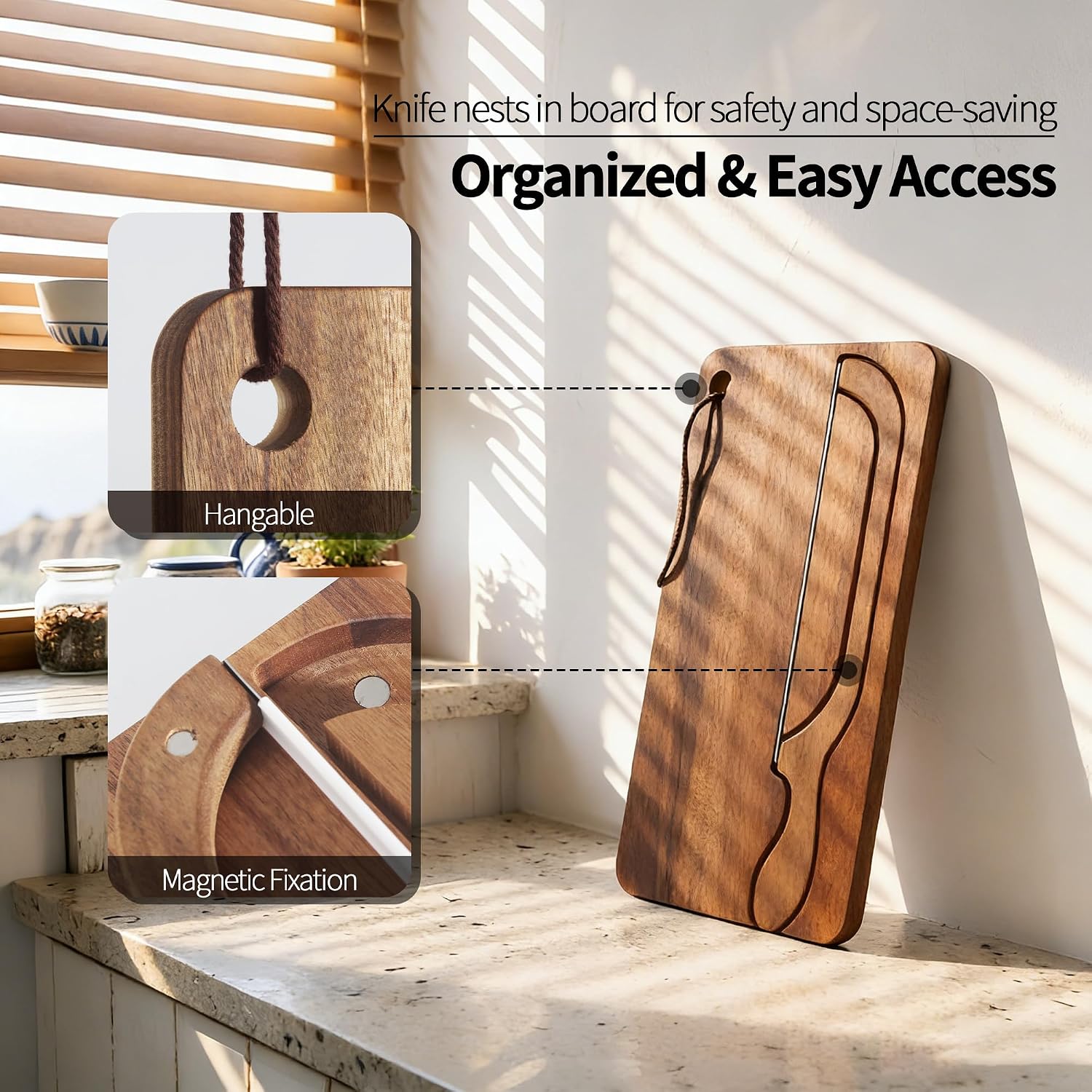 THOUSAND SUNNY Sourdough Bread Slicer Set, Wooden Board Bread Board and Knife Set with Crumb Tray Magnetic Storage for Kitchen