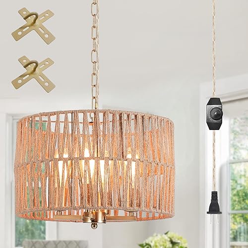 Lámpara colgante estilo bohemio costero grande de 4 luces con cadena ajustable, interruptor regulable, lámpara colgante de tambor de cuerda de