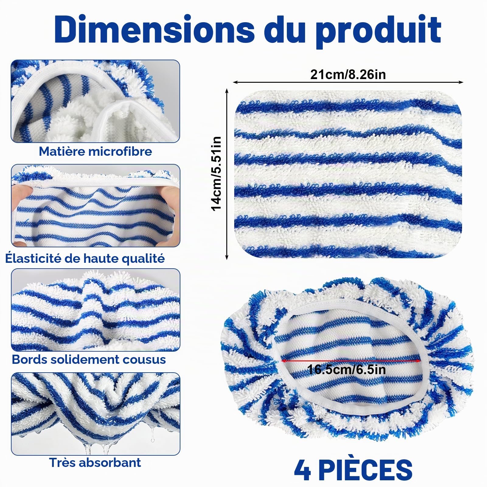 Lot de 4 Chiffons de Rechange Compatible avec Rowenta Clean and Steam ZR005801/RY7/RY8/ZR850002,S team Cleaner Accessories Lingettes Serpillères en Microfibre Lavables & Réutilisables (Gris/Bleu)