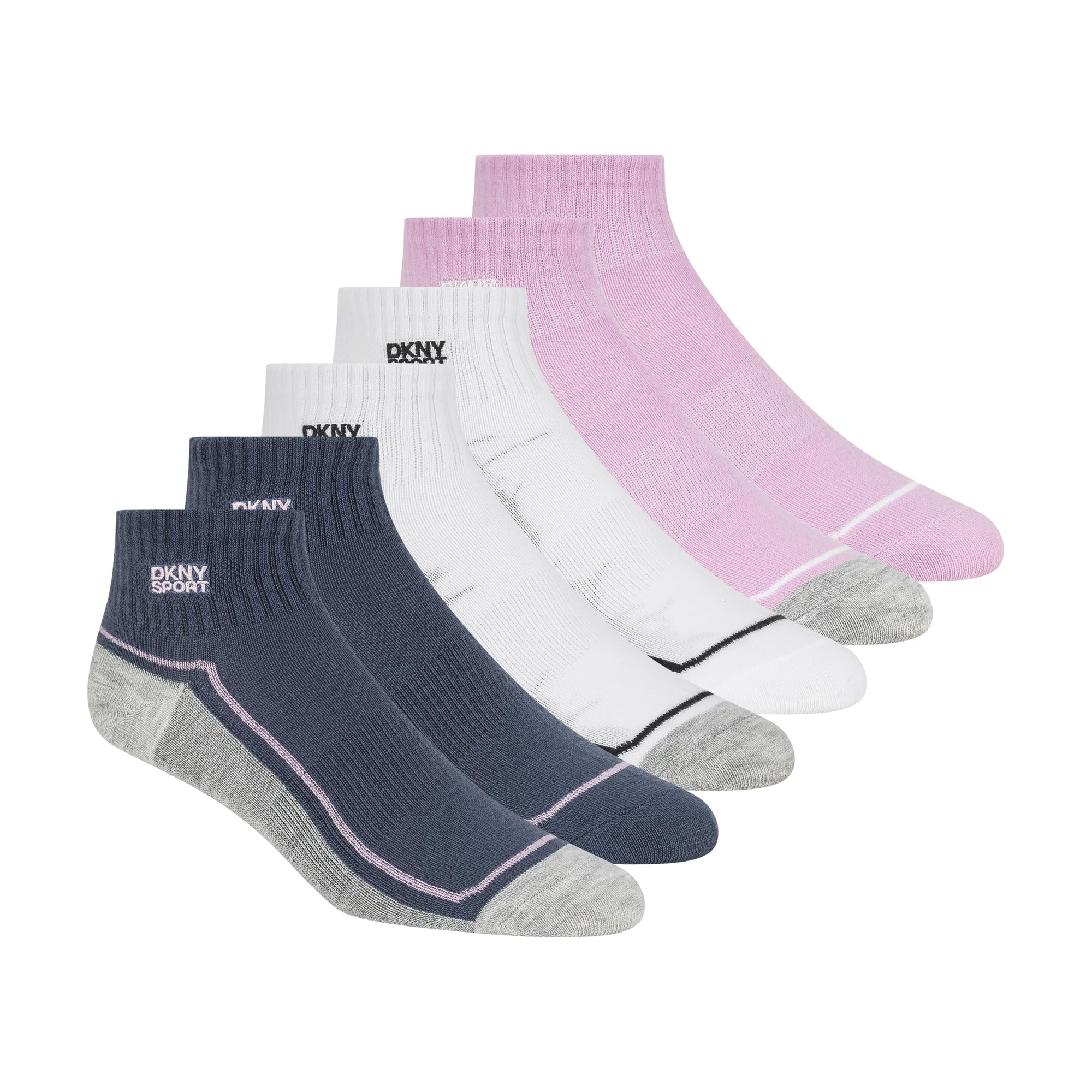 DKNY Women's 6 Pack Sport High Quarter Crew Socks, Blue/Pink, 8-10 UK