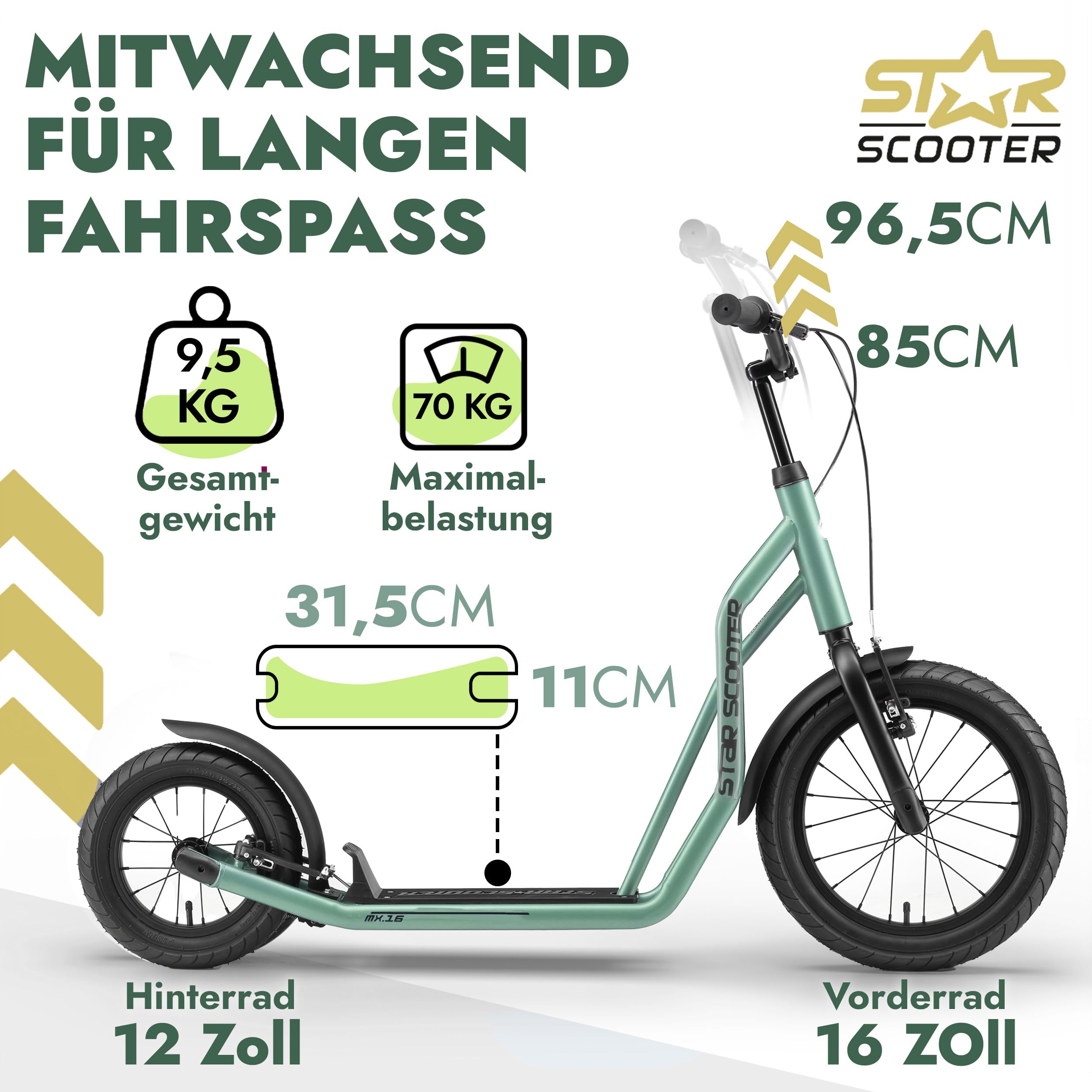STAR SCOOTER Kinder Tret Roller ab 7-8 Jahre | 16/12 Zoll Mixed City Kick Scooter Luftreifen