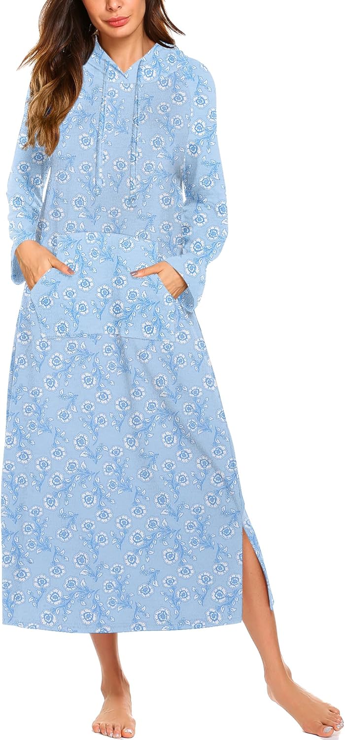 Ekouaer Nightgowns for Women Fleece Nightgown Long Sleeve Sleepwear Hooded Night Gown Long Sleep Shirt with Pocket