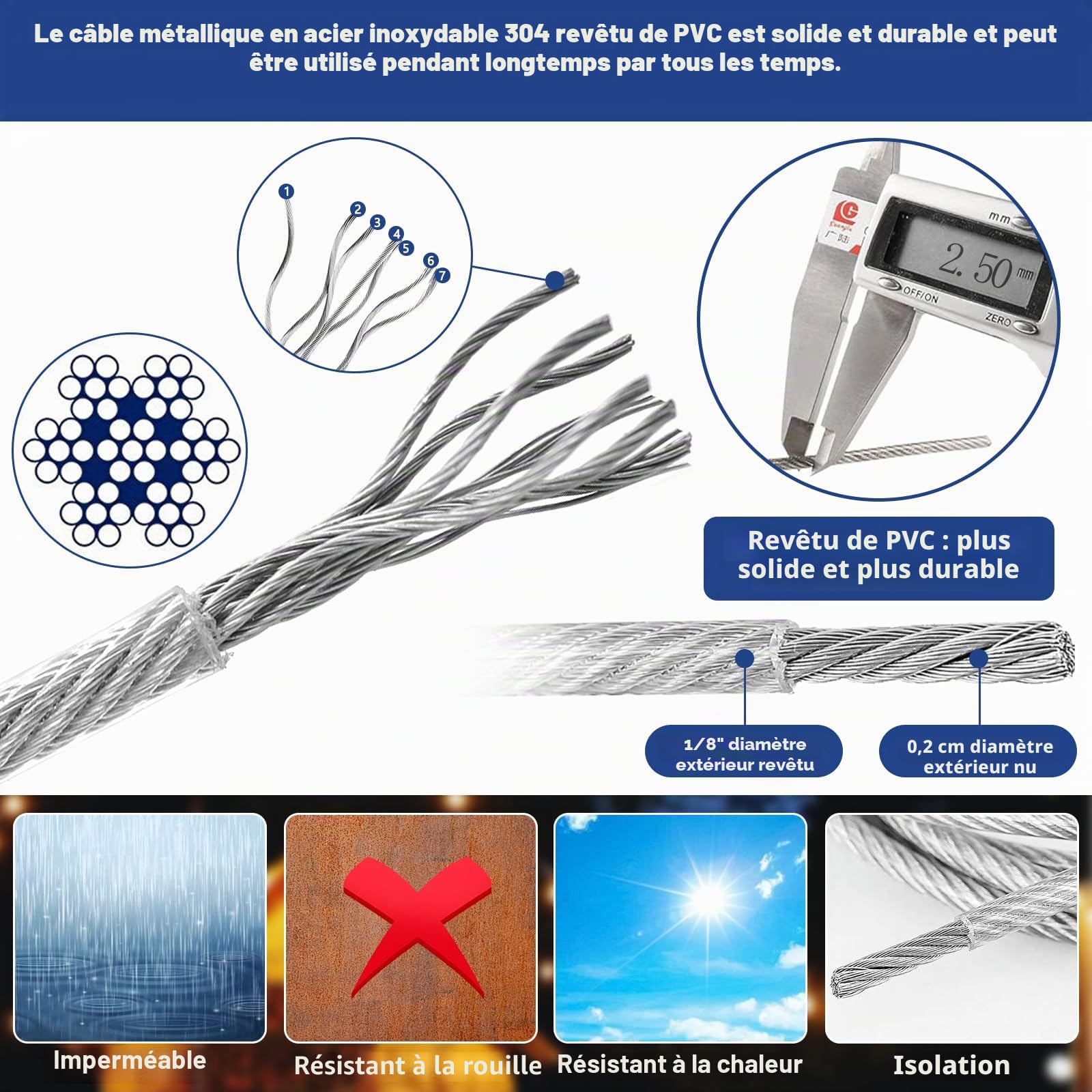 Corde en Acier Inoxydable à Suspendre Kit, 45M 2,5mm Câble en Acier Inoxydable, 304 Cable Acier Inoxydable Enduit de PVC, avec Tendeur Cable, pour Plante Grimpante,Corde à Linge