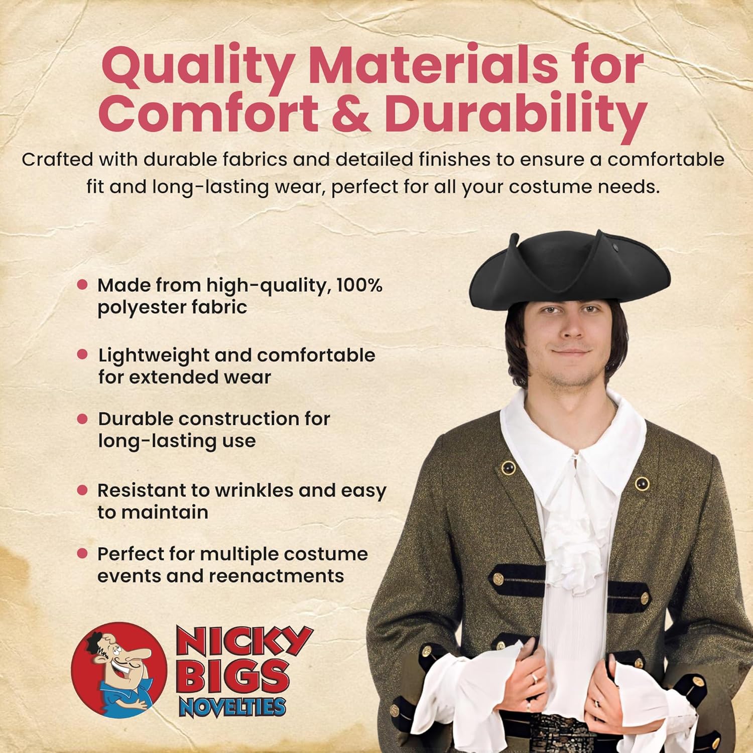 Nicky Bigs Novelties Pirate Hat For Women Men Colonial Three Cornered Tricorn Hat For Adult Buccaneer Cap Costume Accessories - Image 4