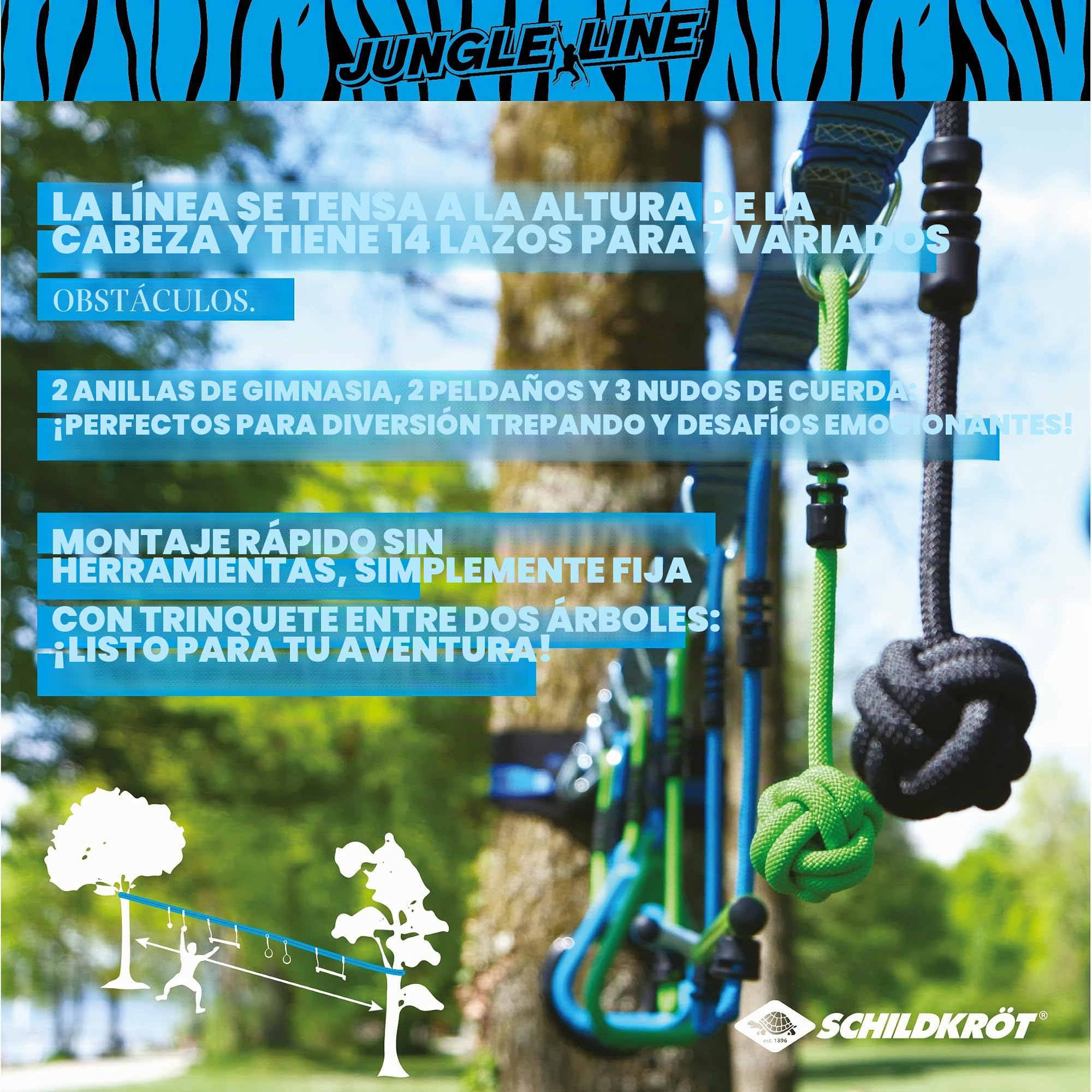Schildkröt Jungle Line, Juego de Circuito de Escalada para Niños y Adultos, 11 Metros, Carrera Ninja al Aire Libre, 7 Obstáculos Robustos