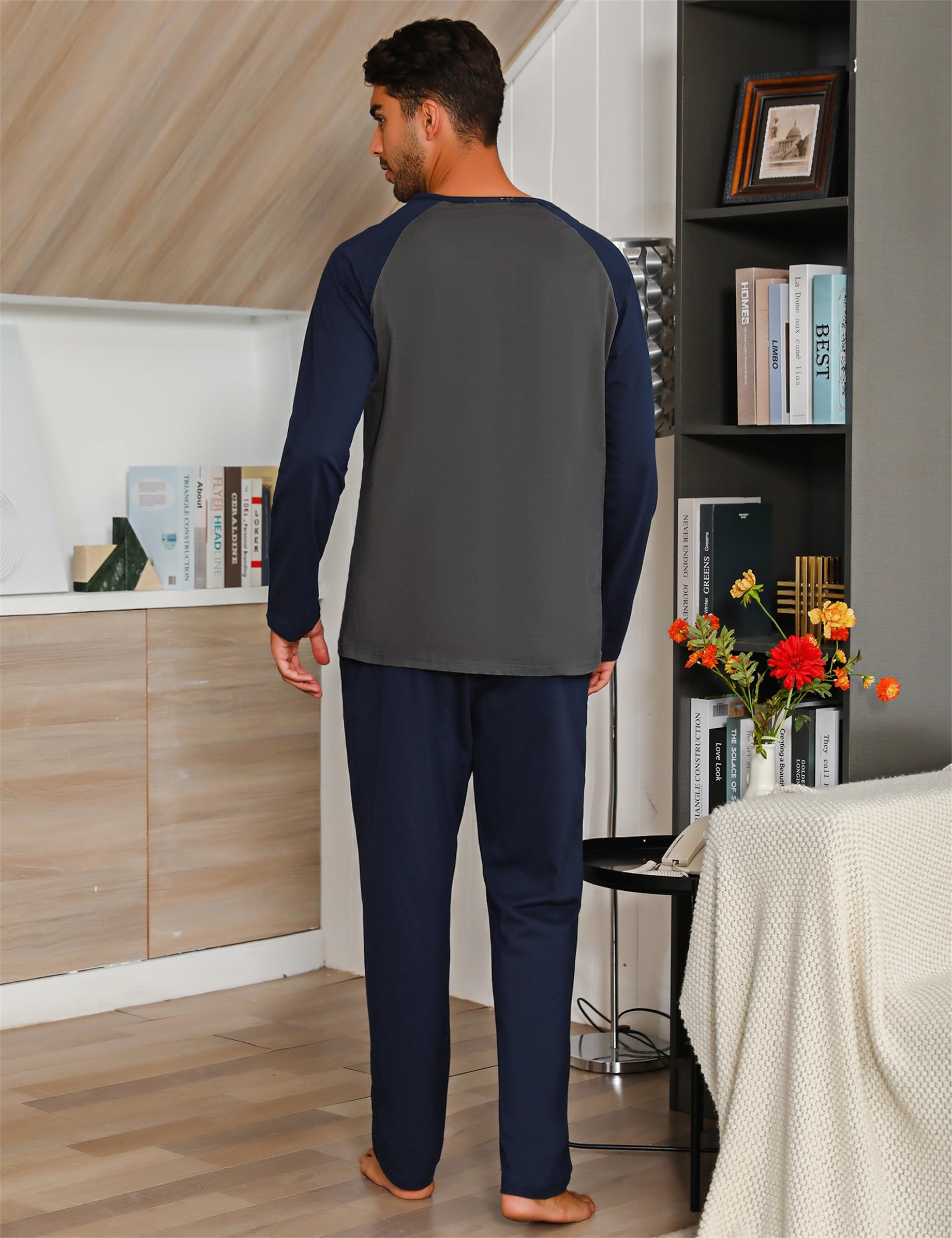 Migcaput Pigiama Cotone da Uomo Set Lungo Comodo Pigiami Due Pezzi da Uomo Pigiama Manica Lunga Pigiama con Tasche con Bottoni