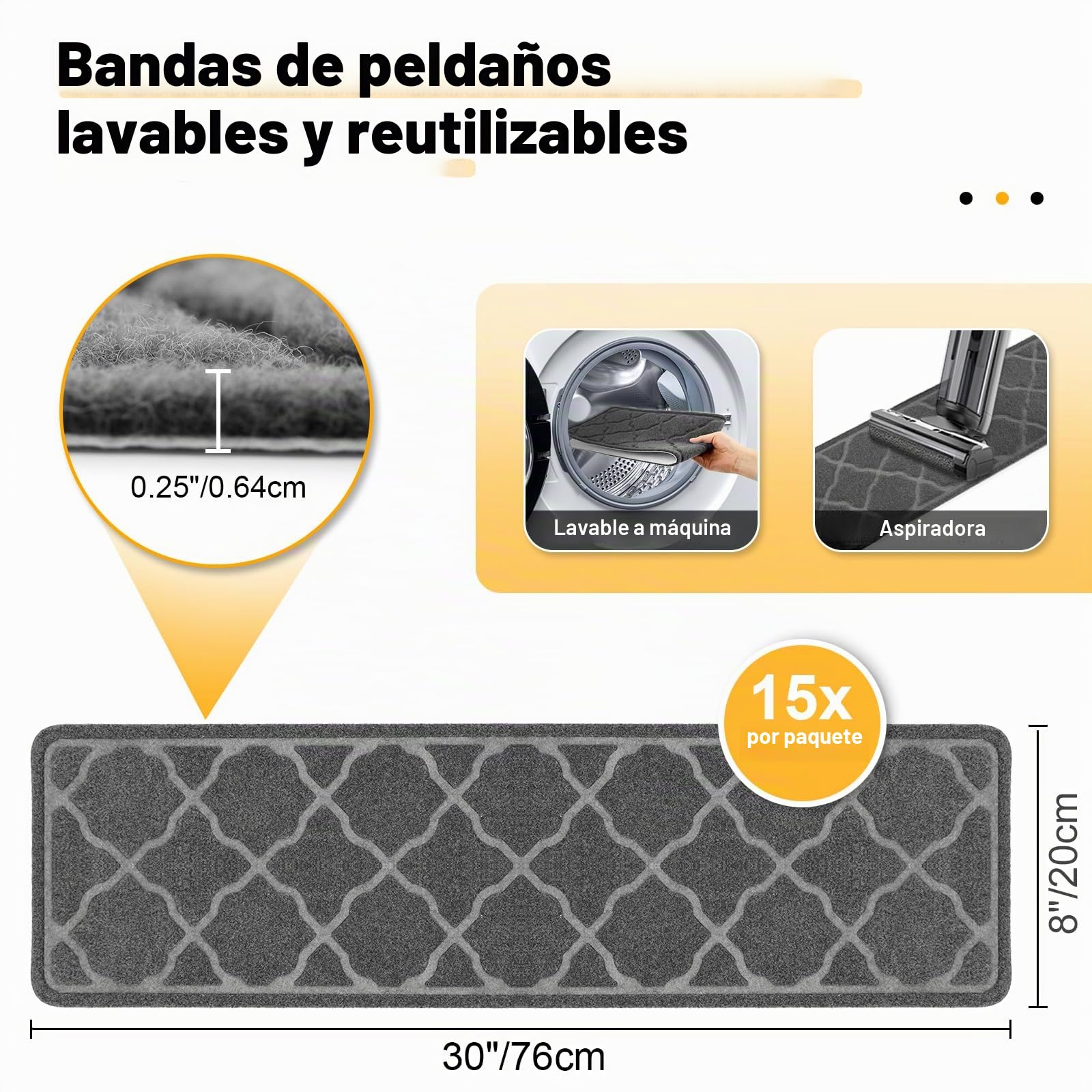 Daletu Peldaños de Escalera Antideslizantes de 76x20 cm (15 Unidades), alfombras de Interior Lavables a máquina, Reutilizables, con Base de TPR Antideslizante para niños, Ancianos y Perros.