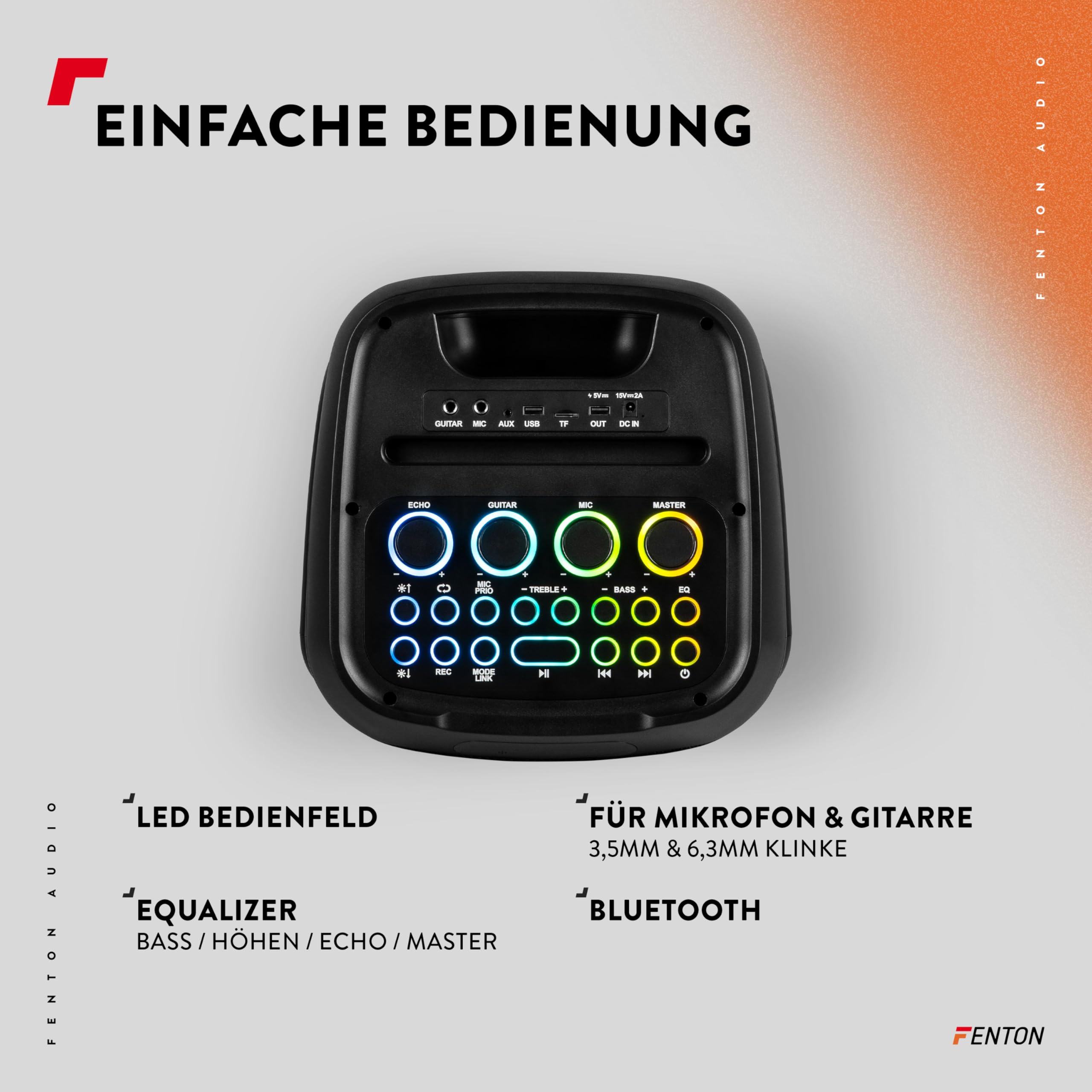 Fenton Core130 Musikbox Bluetooth Groß 180W, Akku 12 Std, Karaoke Mikrofon, BT 5.3, Fernbedienung, Partybox Bluetooth Lautsprecher Groß, Stereo-Pairing, Tragbare Musik Box - Schwarz