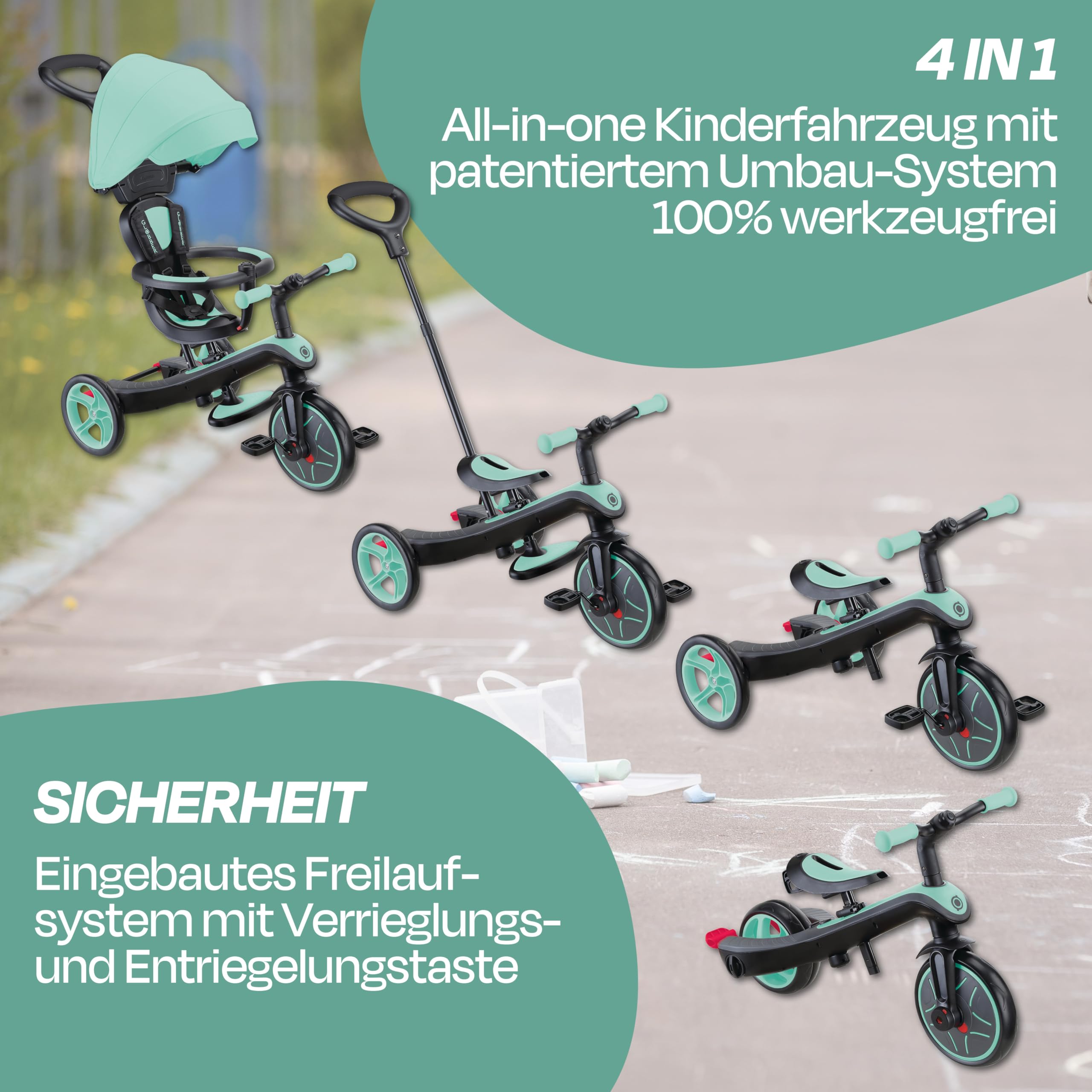 GLOBBER Explorer Trike 4in1 Pro in Mint – Dreirad, Laufrad und Kinderwagen in 10/8,5 Zoll – TPR-Sitz – höhenverstellbares Kinderfahrzeug