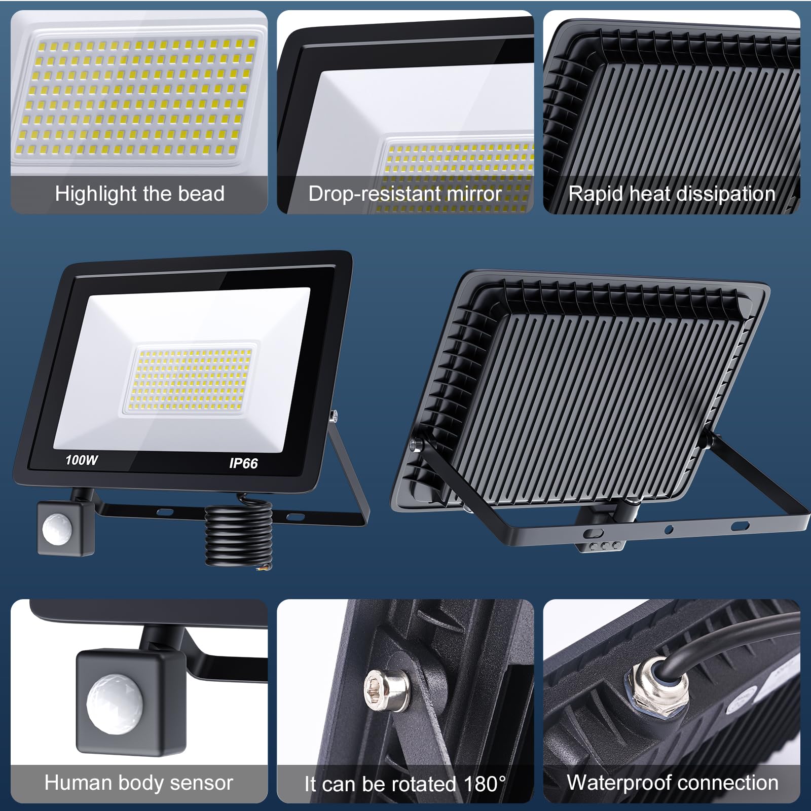MIWATT 100W Security Lights Outdoor Motion Sensor, 7200LM PIR Sensor Security Light, Super Bright, Ultra Thin - Image 3
