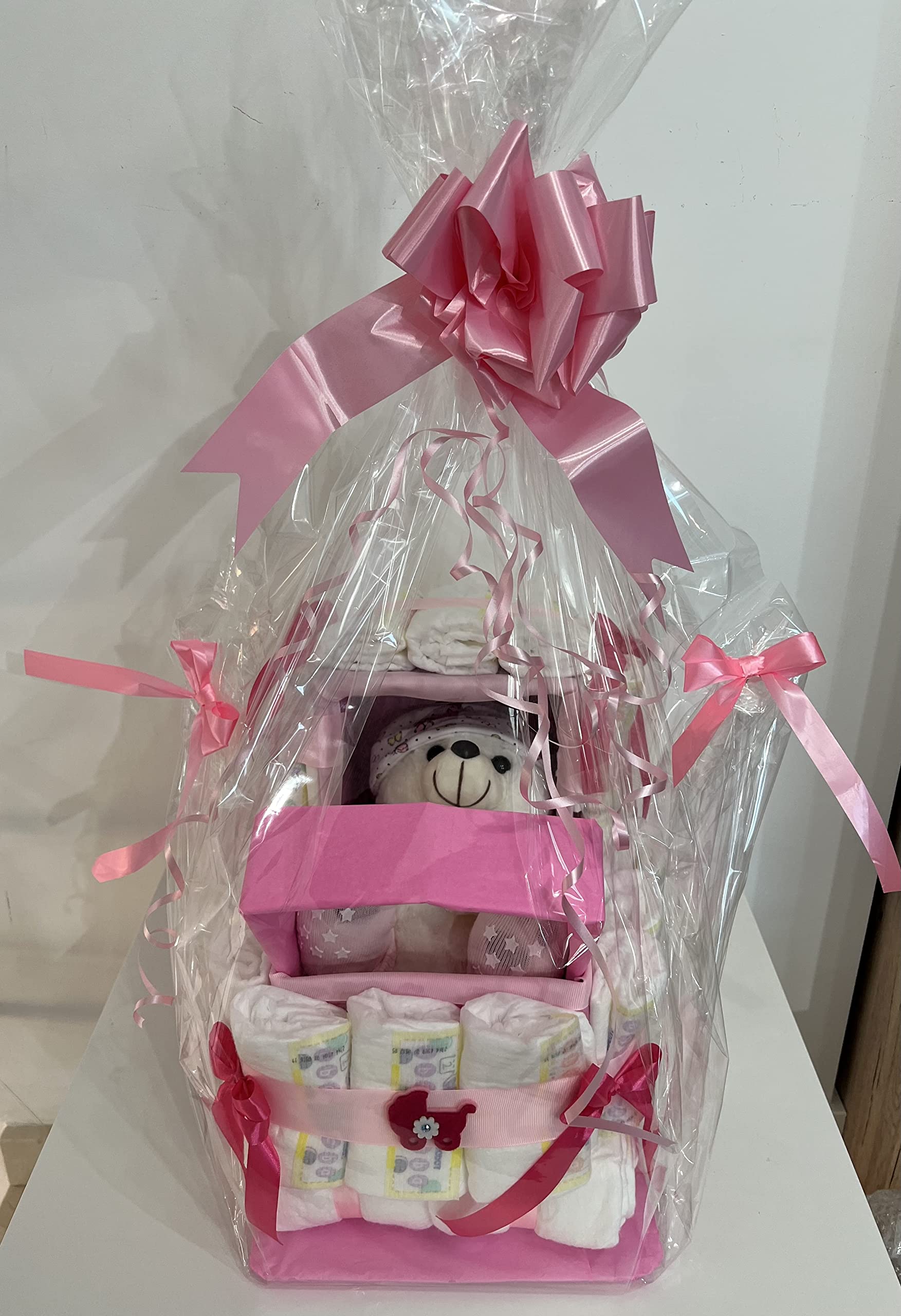Tarta de Pañales Cochecito/Carrito,(48 und) con Osito. Regalo Original para recién nacidos (Rosa)
