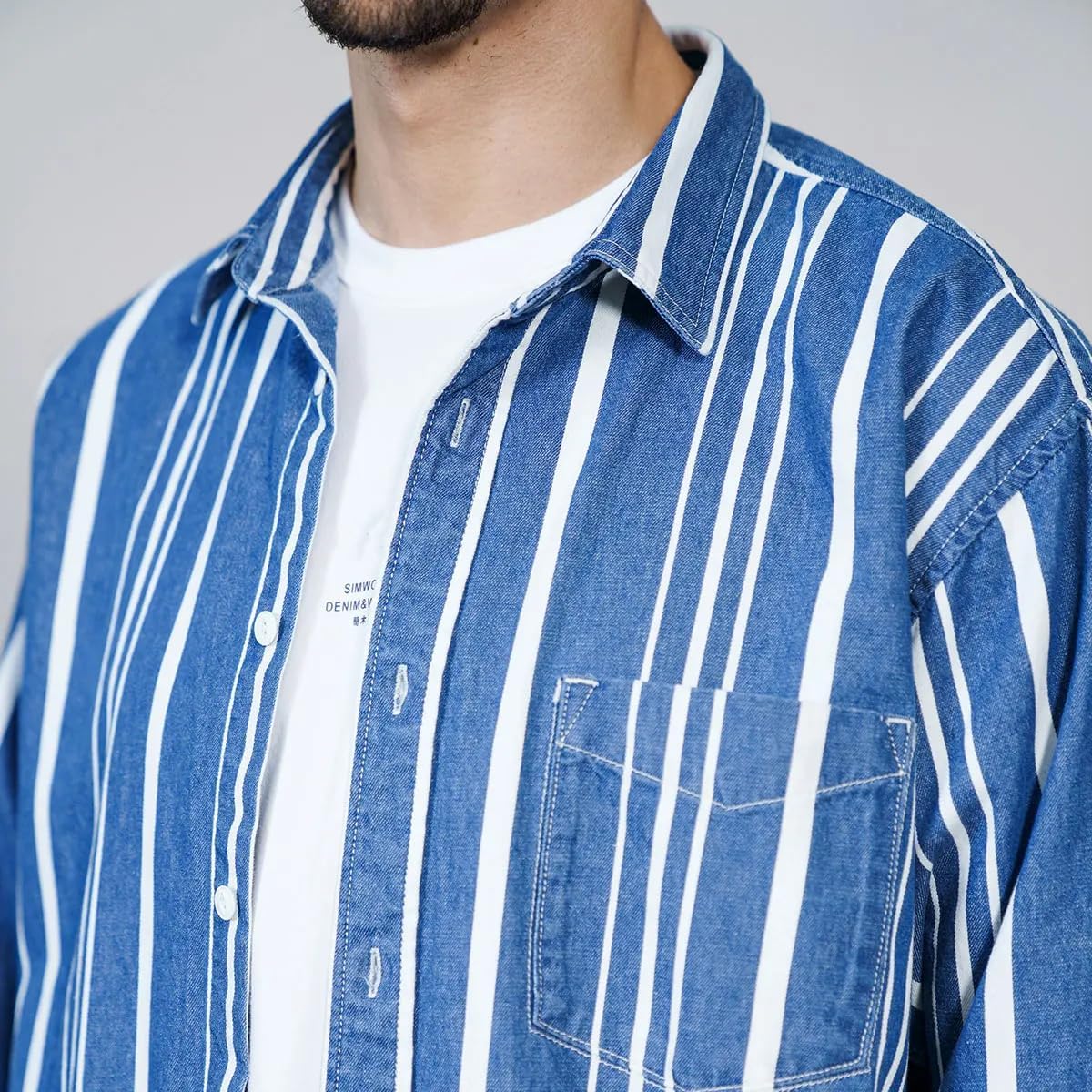 LIXINGHEITANG Spring Oversize Vertical Striped Denim Shirts Men Cotton Workwear Casual