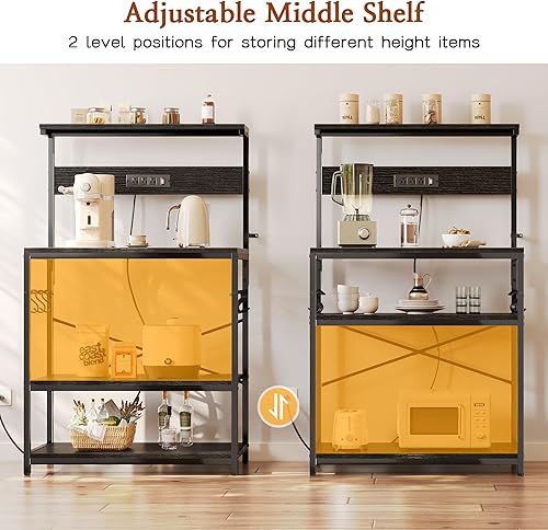 Miniatura 22 de SUPERJARE - Estante de cocina con toma de corriente de 4 niveles, soporte de microondas de cocina con 6 ganchos en forma de S, estante de Marrón