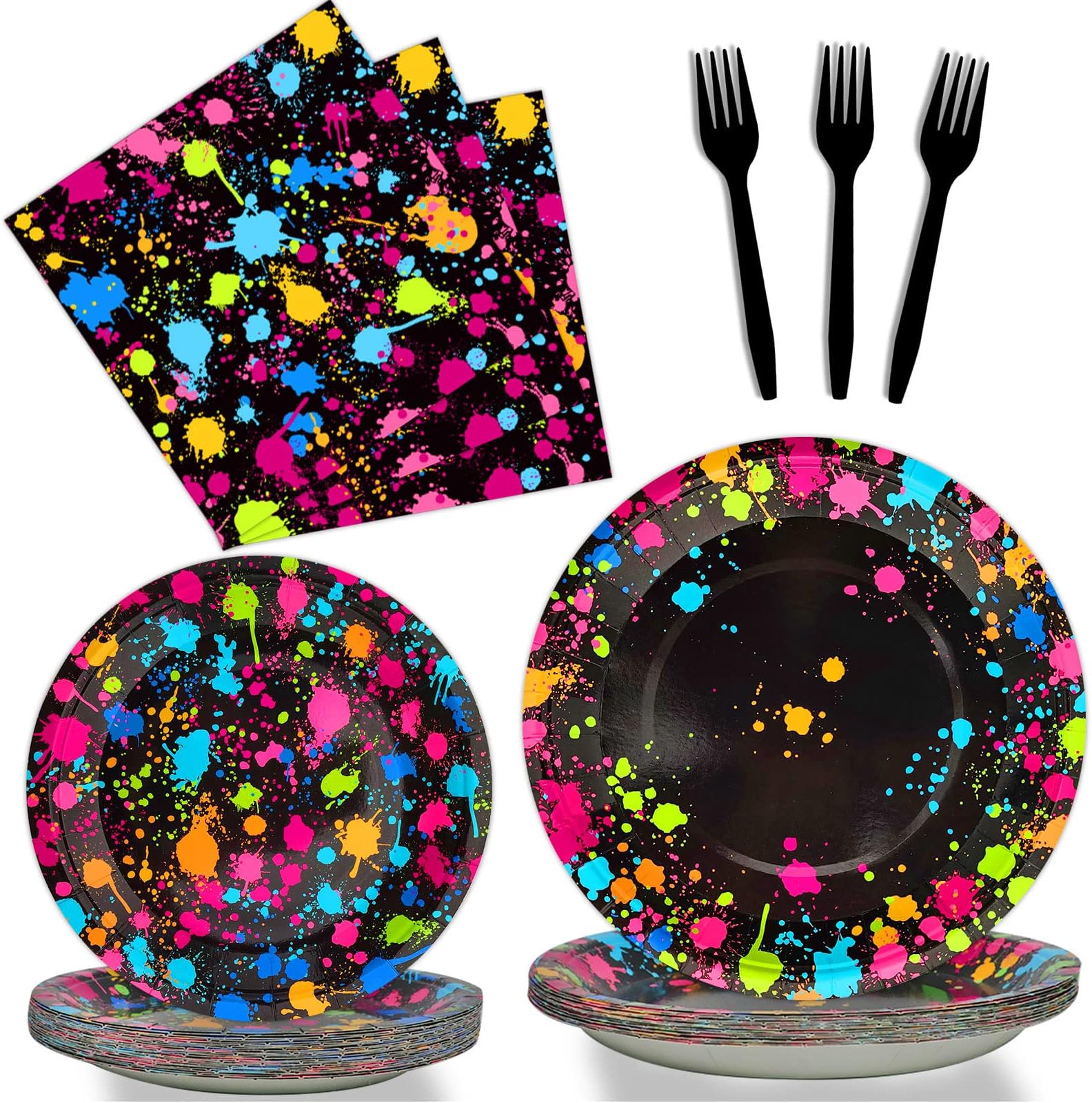 Neon Party Supplies for 24 Guests Neon Plates and Napkins Tableware Set Glow Disposable Paper Dinnerware Colorful Graffiti Birthday Party Decoration Favor Birthday Baby Shower Celebration，96 Pieces