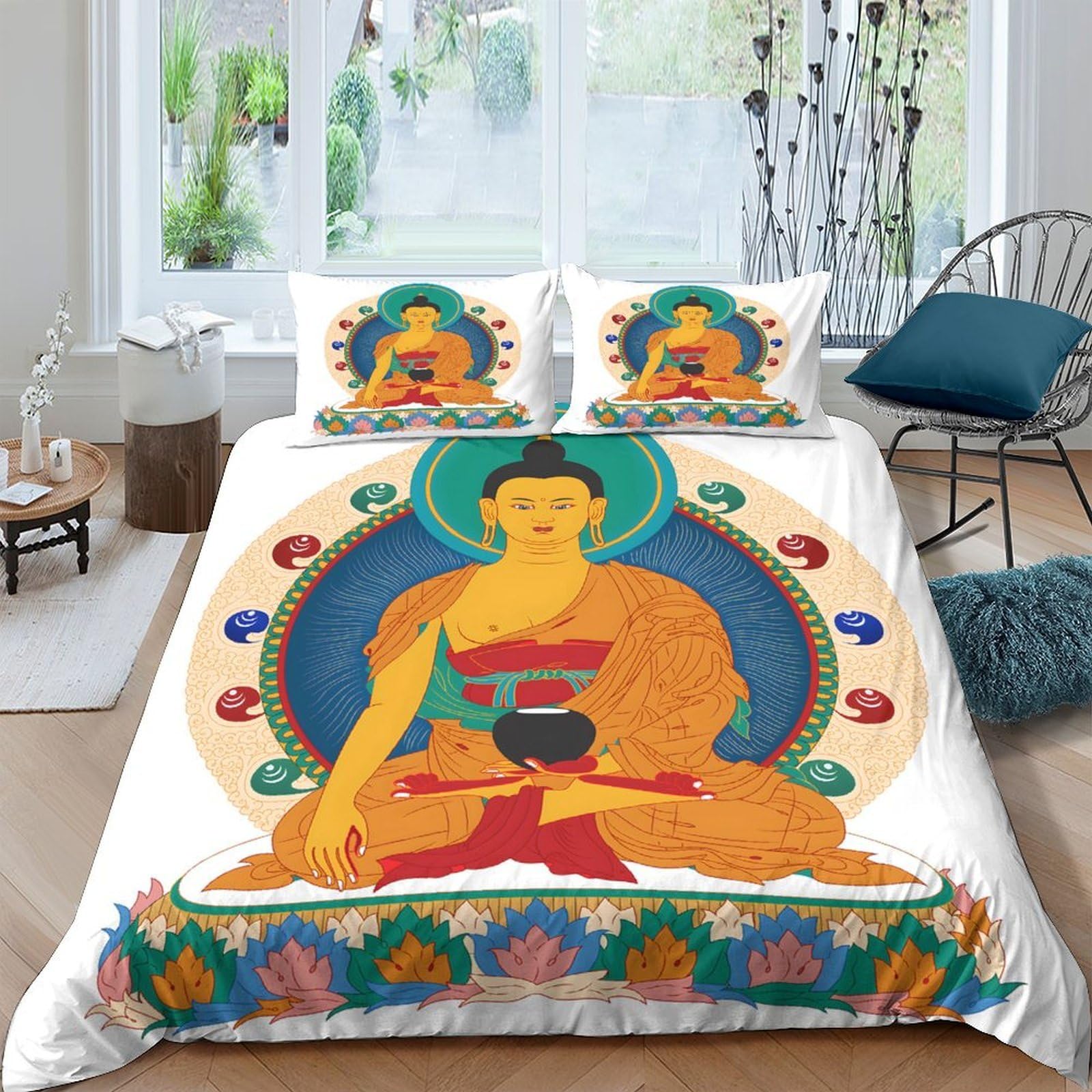 Ctjqhvkz Style-7 3D Printed Buddha Meditation Fitted Sheet Microfiber Soft Orange Blue Mandala Mattress Cover For Bedroom Guest Room Decor Single（135X200cm）