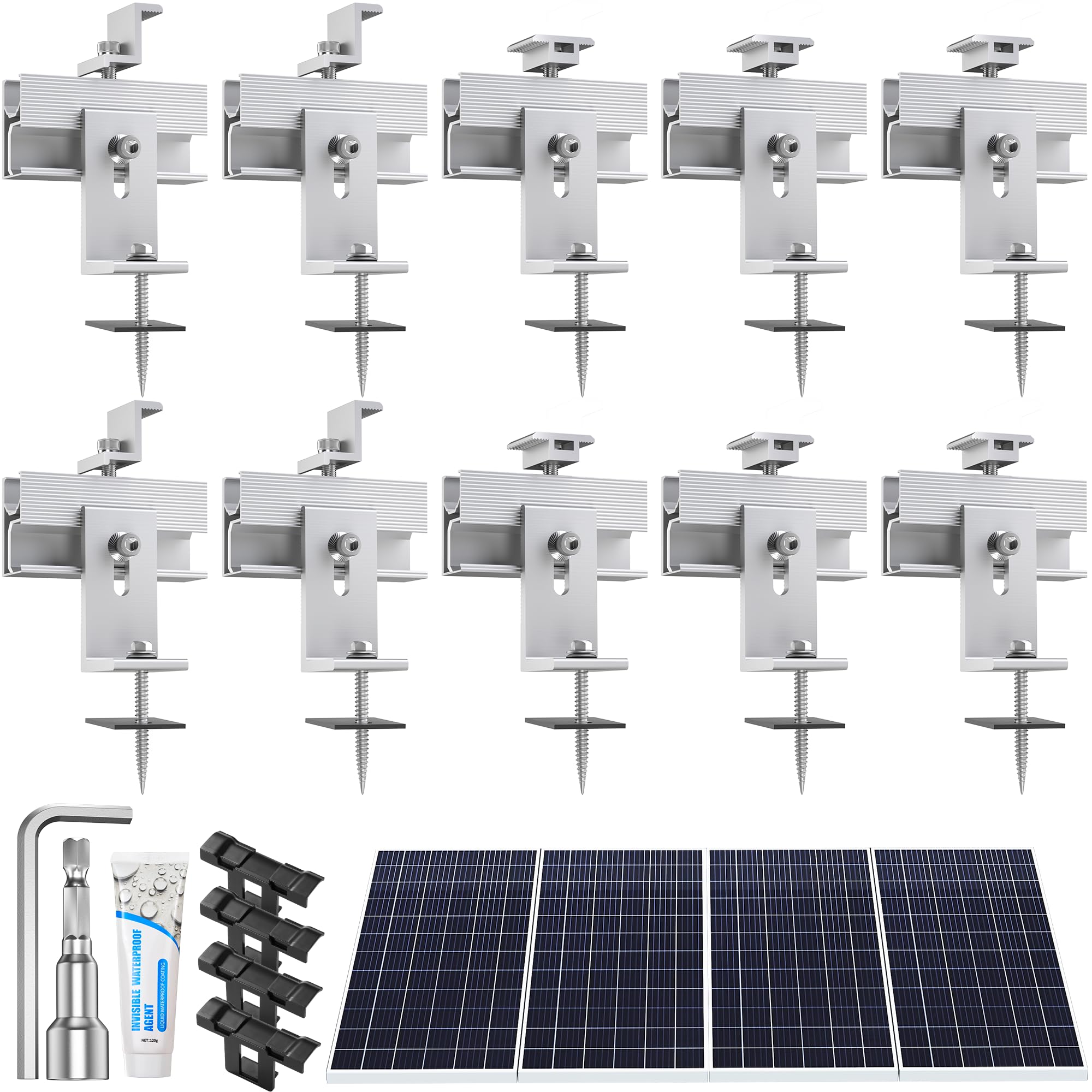 Solar Panel Mounting Brackets Kit 10Pcs Solar Roof Mount Kit for 1-4 Pieces Solar Panels, Aluminum Alloy Solar Panel Brackets for Mounting Flat Roof, Pitched Roof, Roof Rack