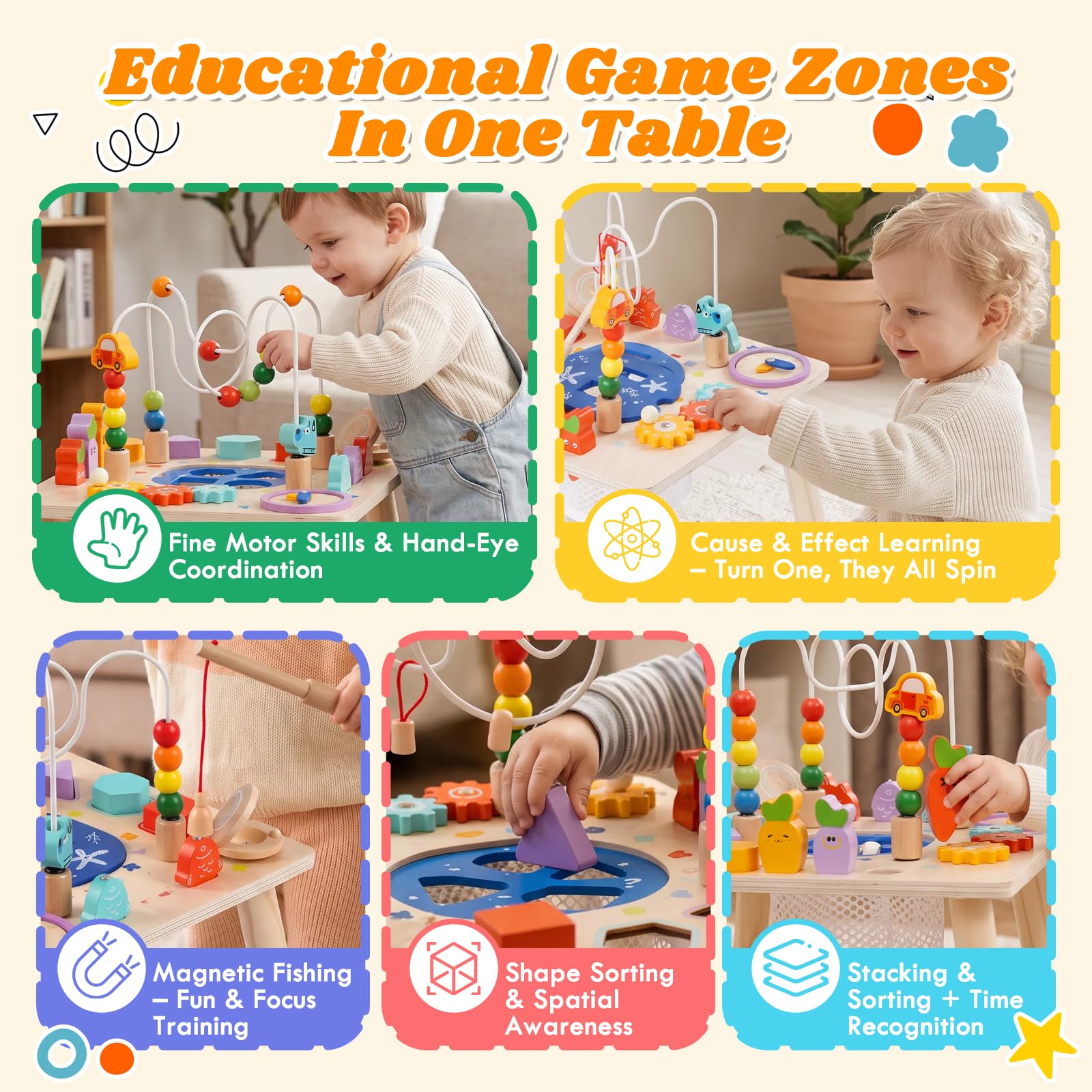 Tavolo attività per bambini, tavolo da gioco 7 in 1 Baby Montessori, giocattolo educativo con labirinto di perline, ruota dentata, gioco di pesca, assortimento di forme, promuove le abilità