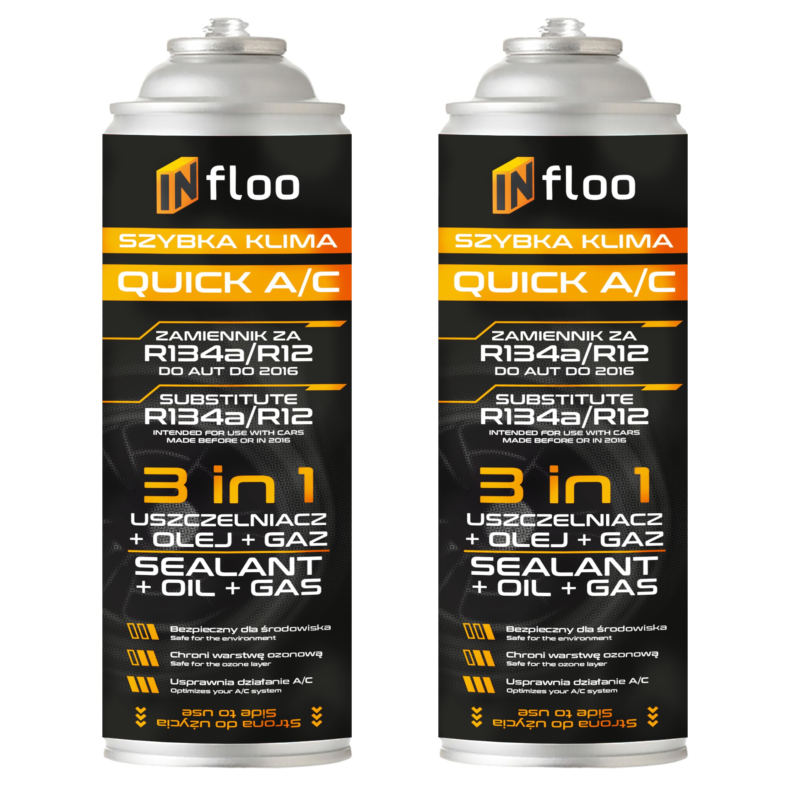 INfloo 2x Quick A/C 3-en-1 – Gaz R134a + Huile + Scellant | 2x185g (0,69L) | Clim Auto Jusqu'à 2016 | Remplaçant R134a | Gants