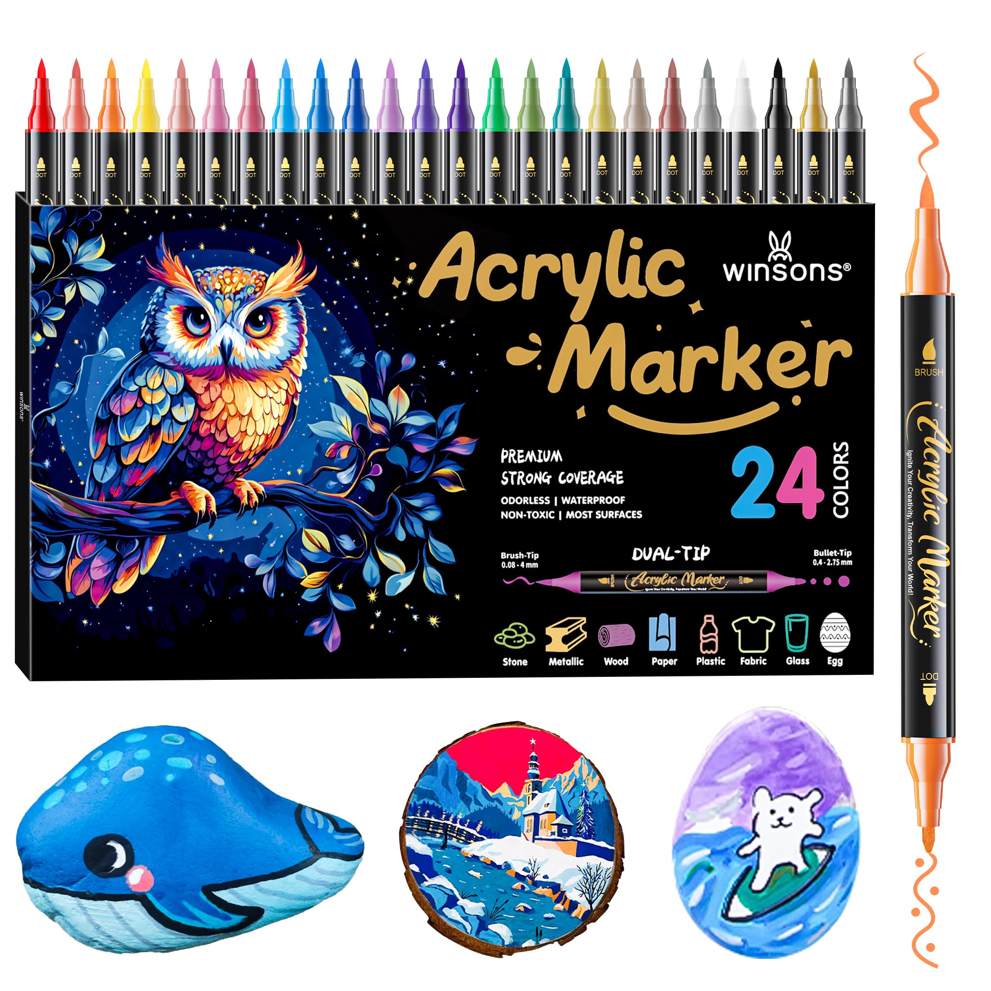 WINSONS Acrylic Paint Pens Dual-Tip 24 Colours, Colouring Pens, Non-Toxic, Non-Bleeding, Waterproof, Vibrant Colours, Permanent Marker for Paper Eggs Cap Fabrics Stones Pottery Glass Plastics