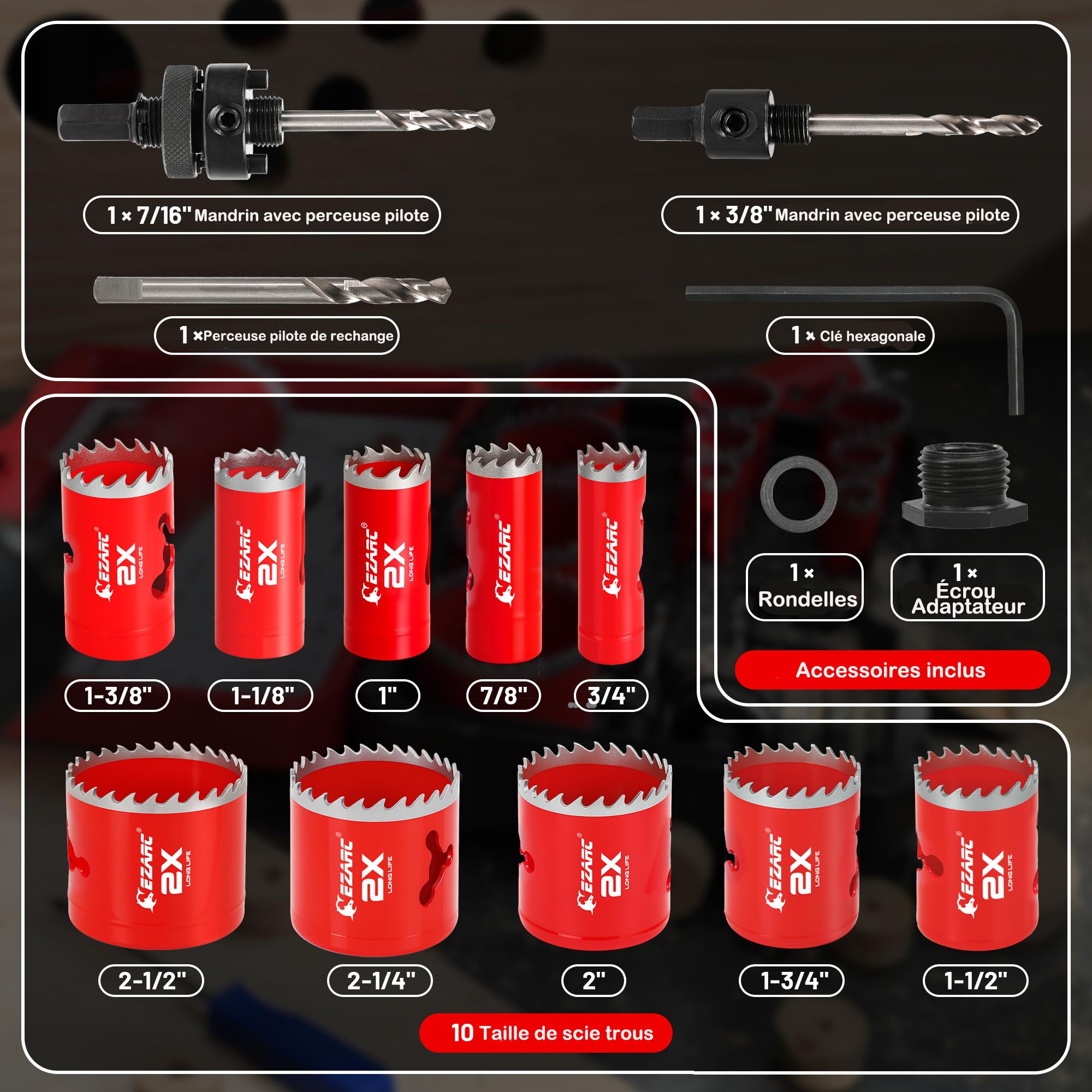 EZARC Scie Cloche Bi-métal, 19-64 mm (16 pièces) Coffret Scie Cloche, profondeur de coupe maximale 48 mm, pour aluminium, acier, plaques de plâtre, bois, panneaux de PVC et plastique