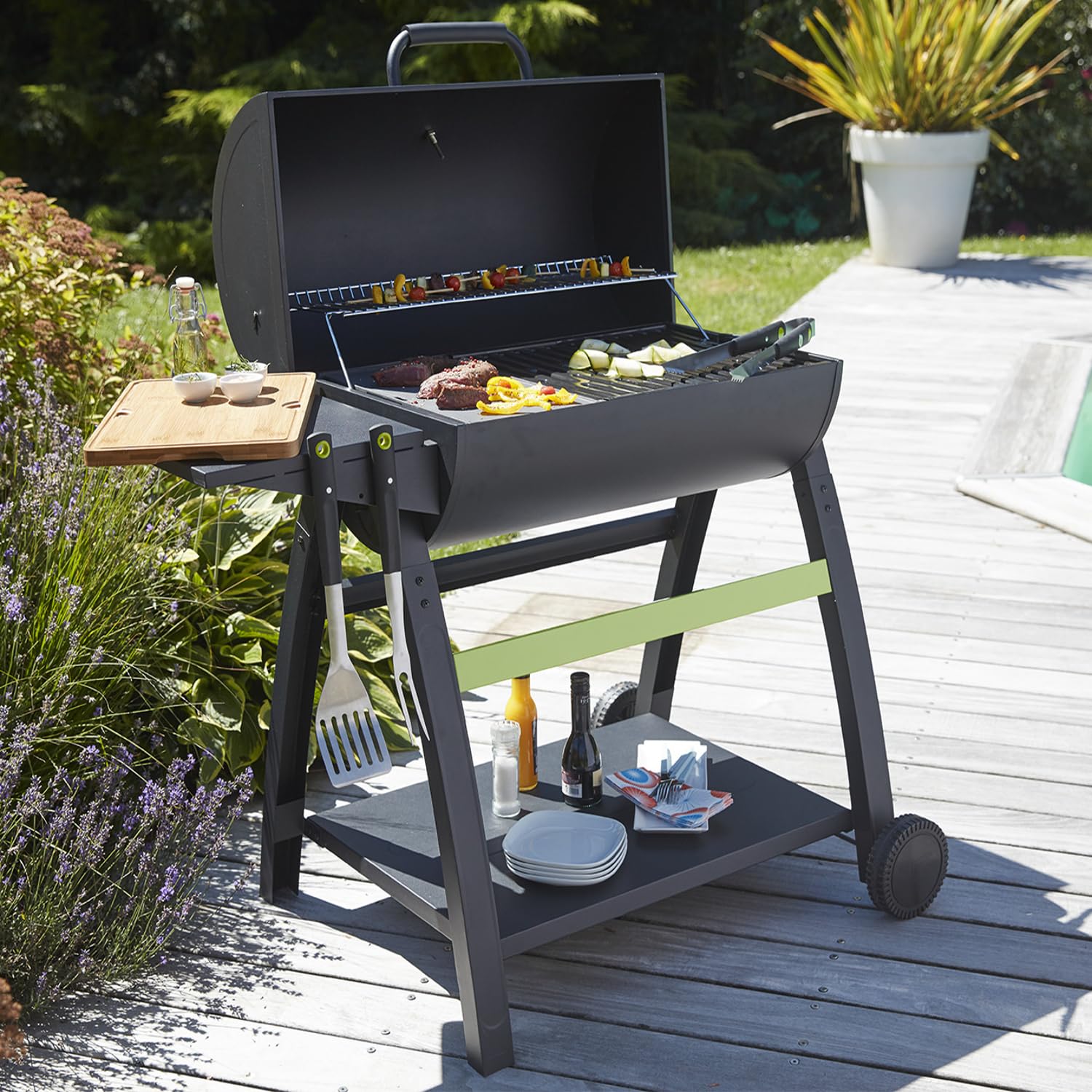 Cook’in Garden - Barbecue Charbon de Bois Tonino 70 Original, Grill et Plancha, Cuve BBQ Acier, Surface de Cuisson XXL en Fonte Émaillée, Couvercle avec Thermomètre, pour Extérieur & Jardin