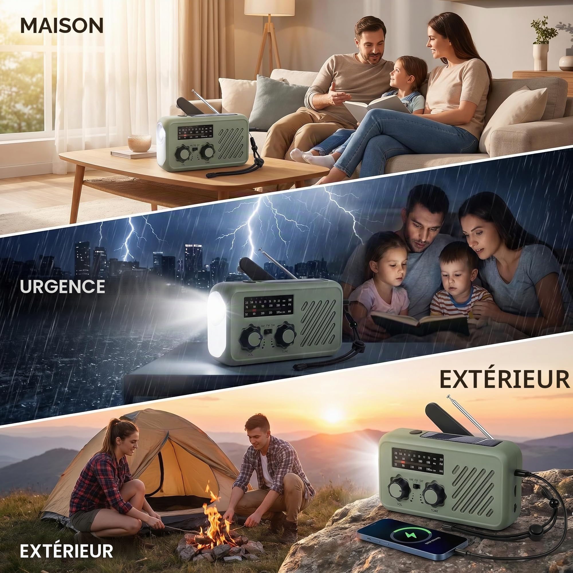 Radio Portable Urgence, Radio de Survie AM/FM Solaire & Dynamo, Powerbank 2000mAh, Lampe LED Torche + Lecture, Alarme SOS - 4 Modes de Charge, Idéale Camping, Panne de Courant, Voiture