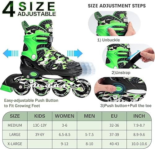 Miniatura 6 de Kuxuan Skates Patines en línea ajustables para niños y jóvenes con ruedas de luz completa, camuflado, diversión al aire libre, patines iluminadores