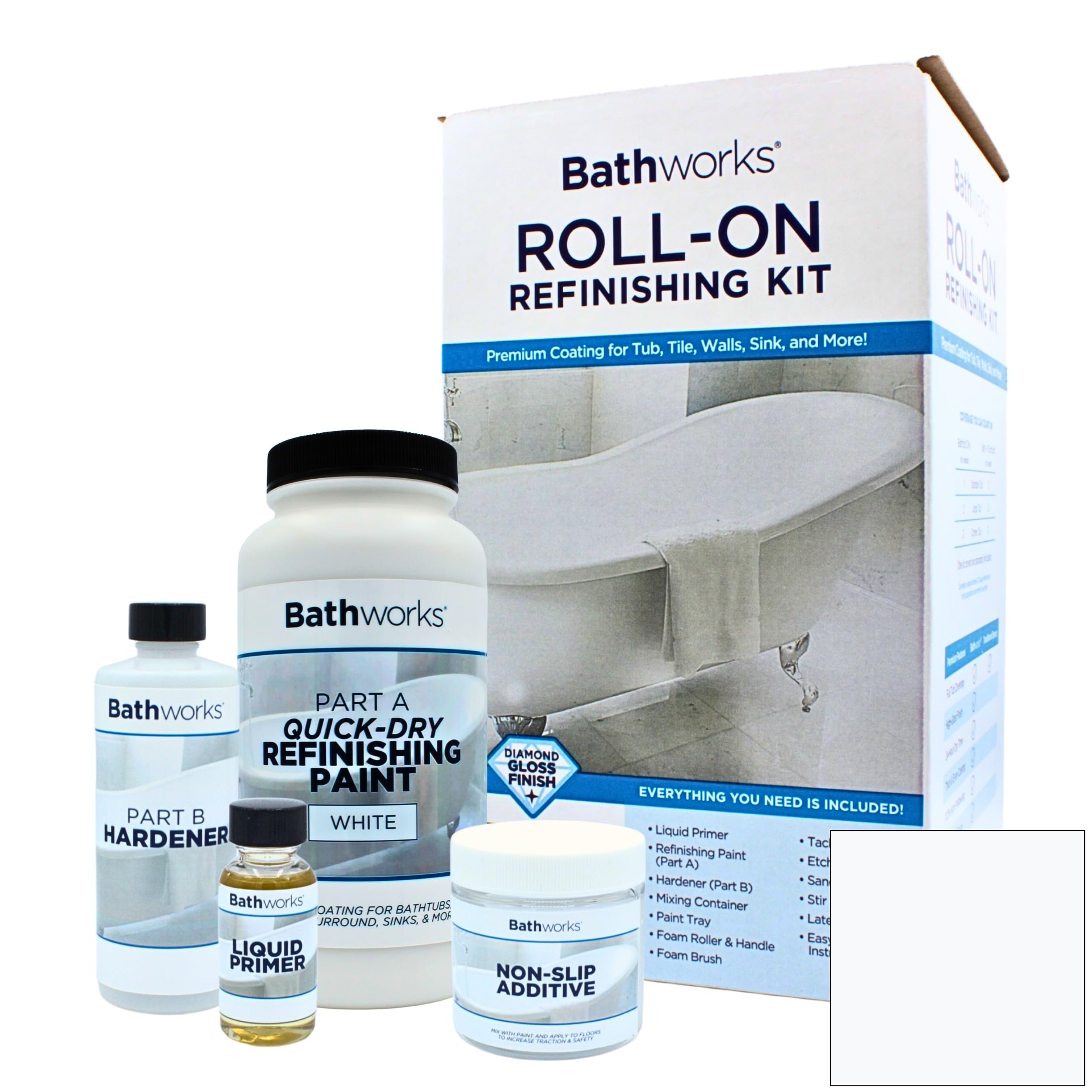 Bathworks DIY "Quick Dry" White Bathtub & Tile Refinishing Kit w/Non-Slip Protection; 22 oz; Fast 12 Hour Dry time; Tub; Tile; Wall Surround; Sink; High Gloss Resin Finish (White)