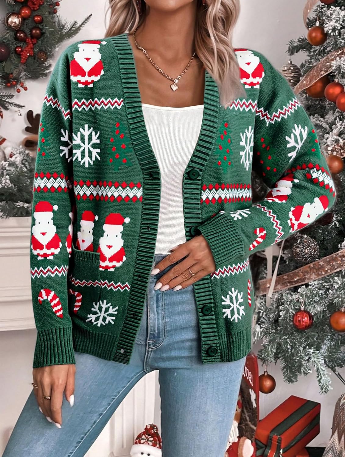 LUKYCILD Ugly Christmas Cardigan Sweaters for Women Button Down Sweaters with Pockets Open Front Knit Cardigan Funny Sweater - Image 4