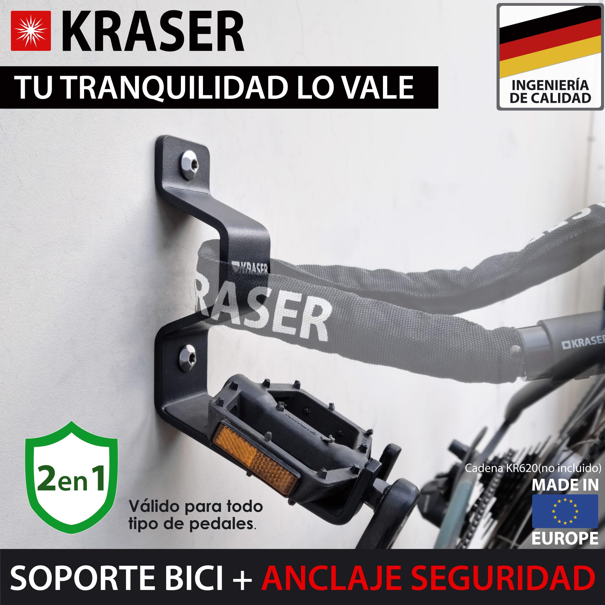 KRASER KR42P Soporte Bicicletas Pared con Anclaje Antirrobo 2en1 | Colgador Bicicleta por Pedal con Punto para Asegurar con Cadena | Doble Apoyo Rueda, Acero Reforzado 5mm | Compatible E-Bike MTB