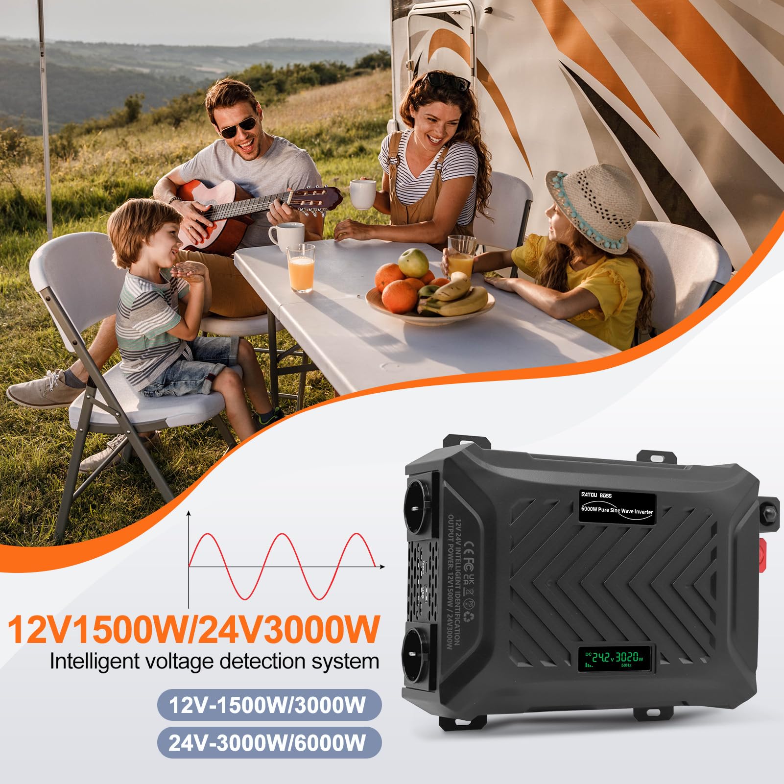 DATOUBOSS Wechselrichter 24V auf 230V 3000W/6000W, Spannungswandler 24V 3000W Reiner Sinus mit LCD-Anzeige 2 AC-Steckdosen 1 USB A und 1 Type C, für Wohnmobil Zuhause Off Grid