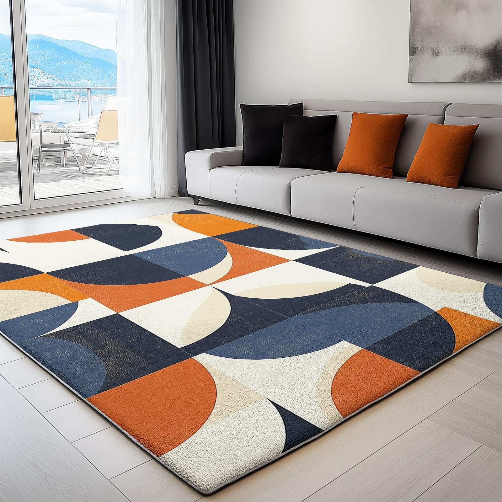 Tapis Salon Chambre Adulte Poil, Tapis à Poils Courts et denses Motif Géométrie Vintage Cercles, Tapis Lavable en Machine Antidérapant Bleu Orange, 60 x 110 cm
