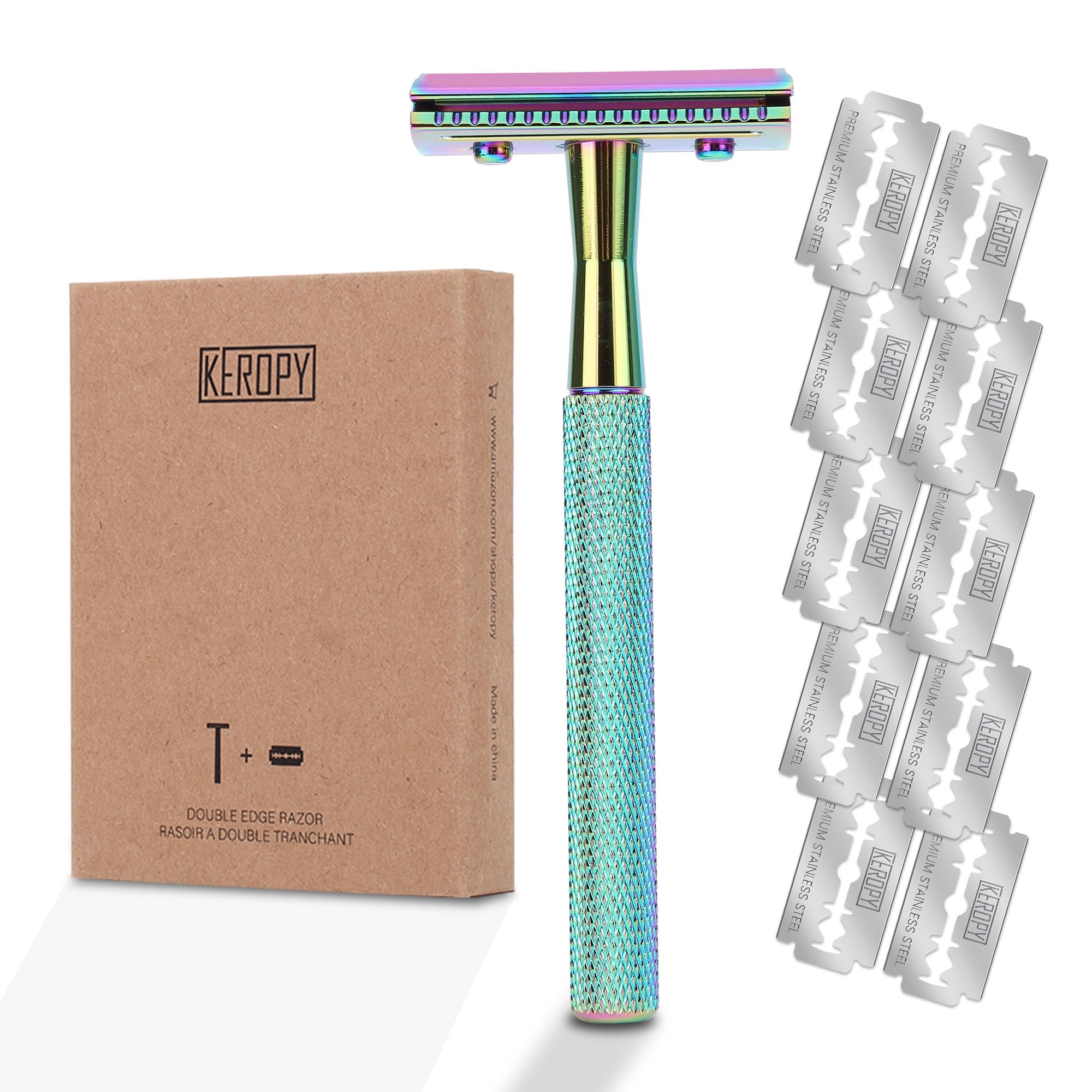 Photo 1 of Keropy Safety Razor For Man With 10 Premium Stainless Steel Razor Blade Reusable Single Blade Razors For Men and Women, Double Edge Razor, Rainbow