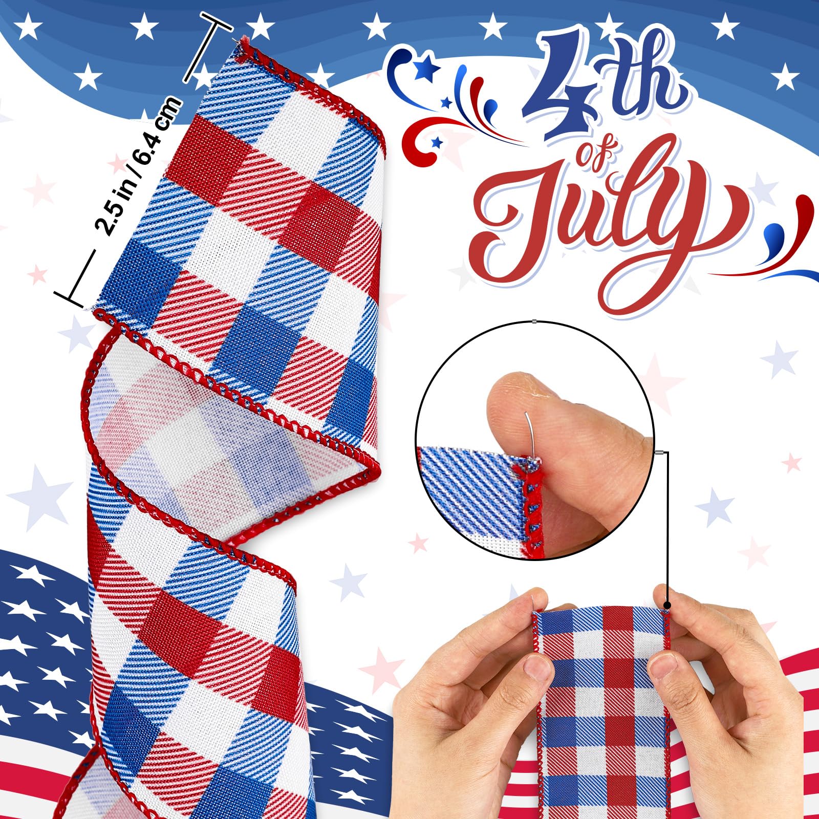 Whaline 2 Rollen 4. Juli Drahtrand Plaids Band Patriotisches Büffelkaro Band Rot Blue Plaids Ribbon 6,3 cm Bauernhaus Bastelband für Independence Day DIY Geschenkverpackung Schleife Dekor, 9,1 m