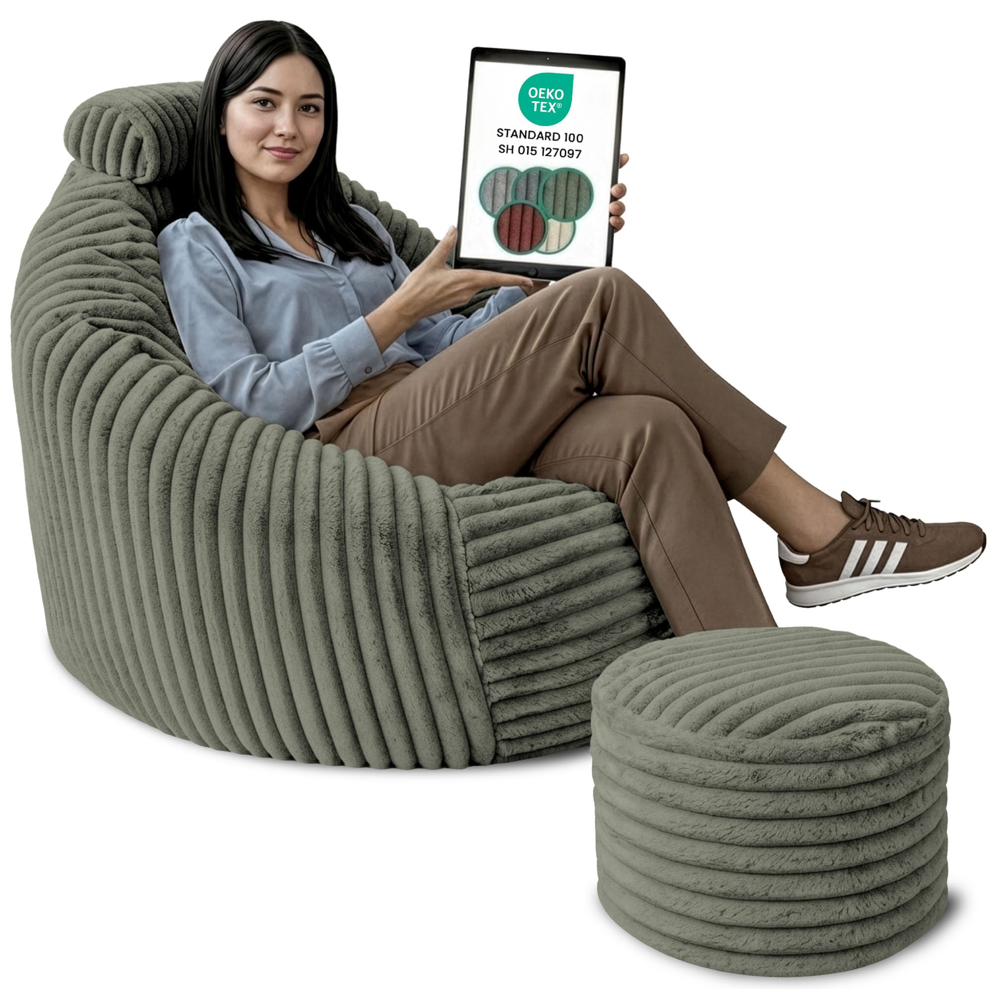 DreamRoots Sitzsack Erwachsene Cord, Sessel mit Hocker, Grün | Bean Bag Chair, Lesesessel, 92x70x100 cm, Kopfstütze & Aufbewahrungstasche, superweich, waschbarer Bezug, 420 g/m²