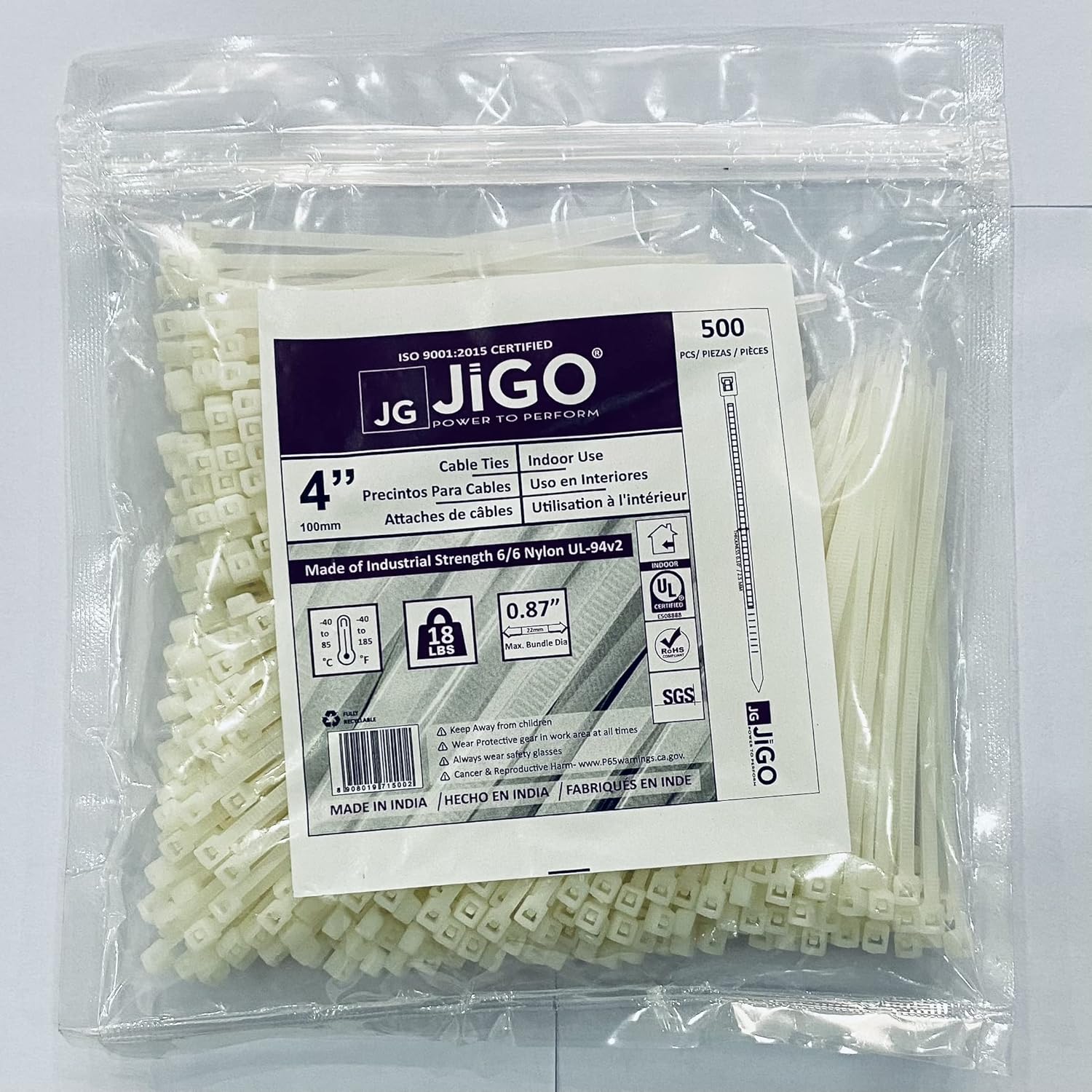 JiGO Cable Ties 4 inch Zip Ties 18 Pounds Tensile Strength White Self