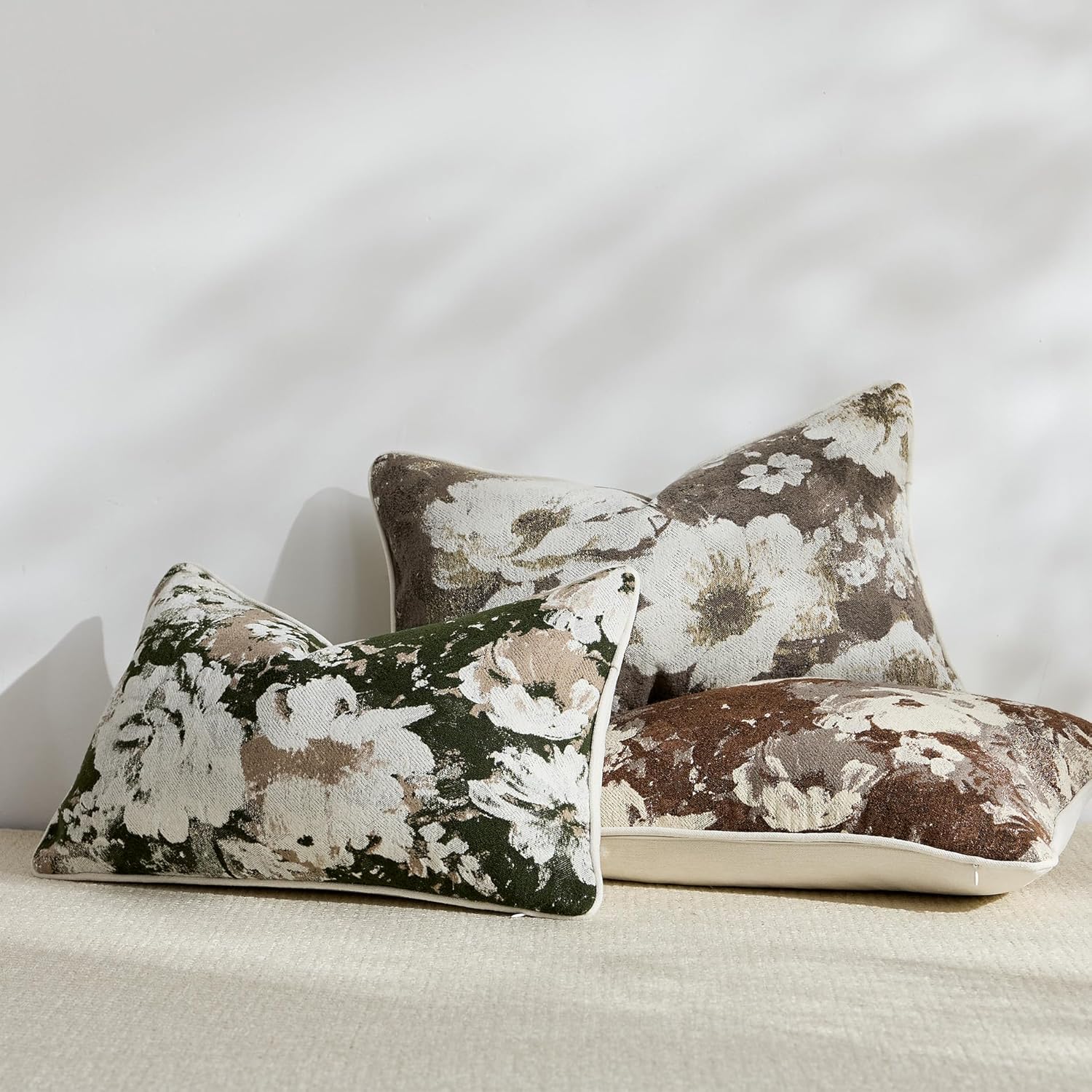 ORTIGIA Pack of 2 Vintage Floral Throw Pillow Covers 12x20 Boho Chenille Throw Pillow Cover Farmhouse Accents Decorative Pillow Cases for Living Room Couch Bed Home Decor,Greygreen