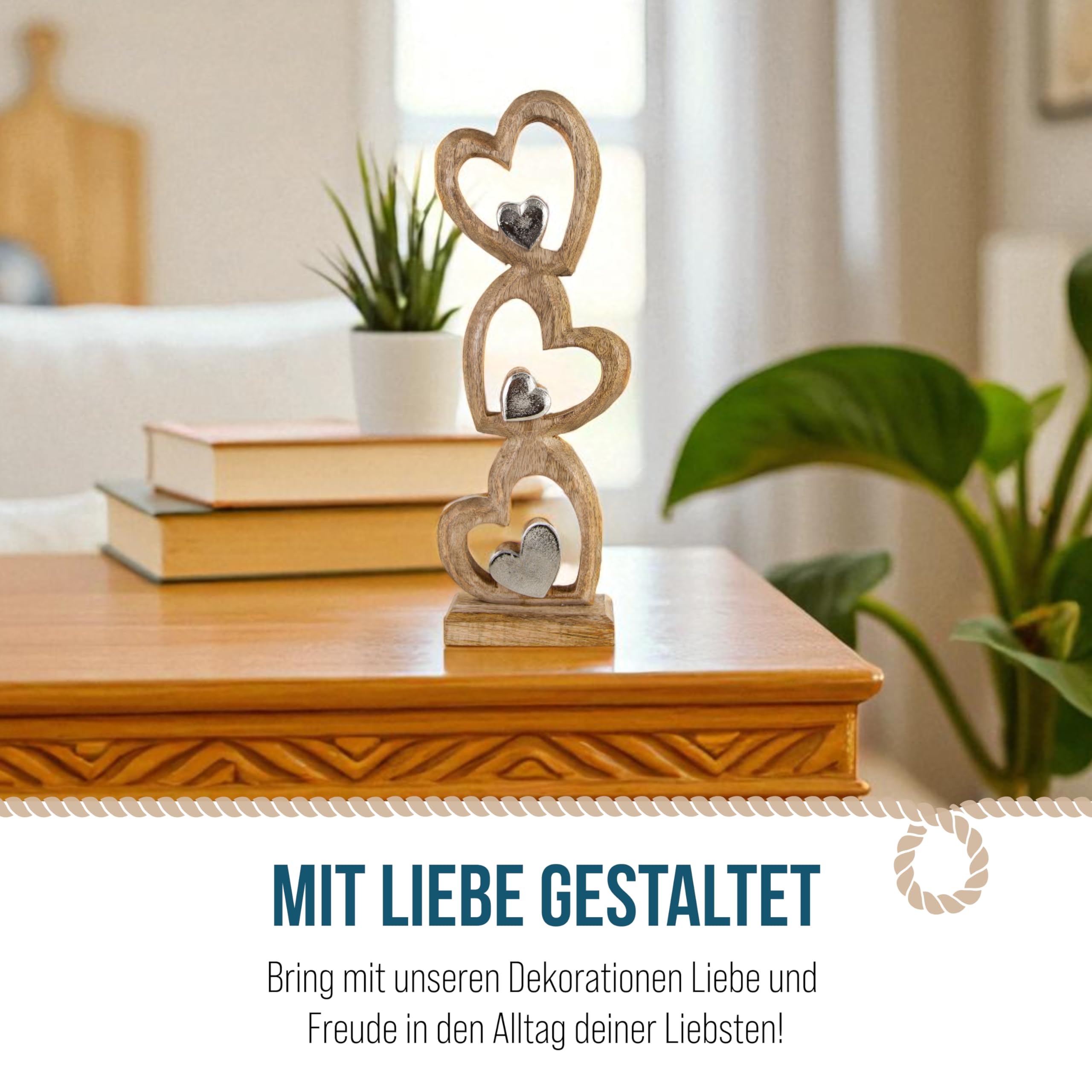 Logbuch-Verlag Herz-Skulptur 7 cm Holz – Geschenk Freundin | Sommer Hochzeit Brautpaar für Wohnung und Tisch Brautstrauß Hochzeitstafel