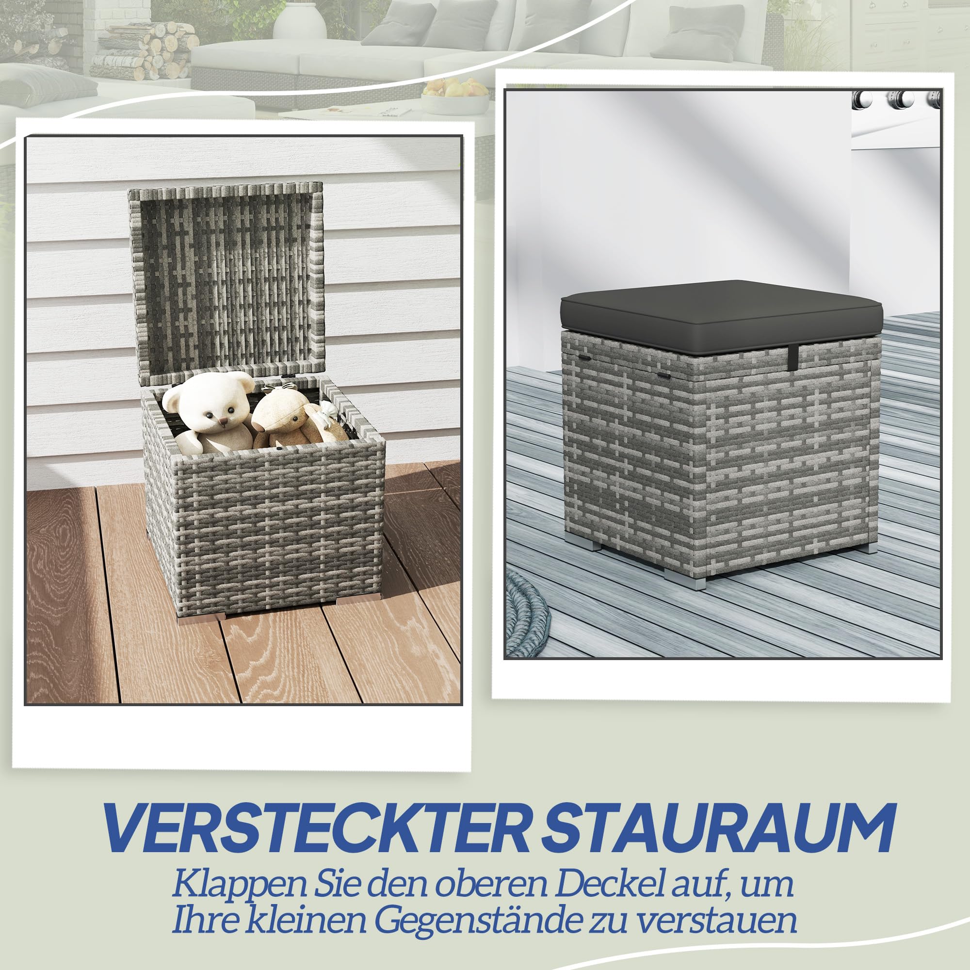 Outsunny Lot de 2 tabourets en rotin Tabouret de jardin avec aspect rotin Coussin de rangement Couvercle 120 kg résistant aux intempéries Tabouret de pied Meuble de jardin pour extérieur Jardin