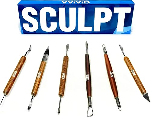 VViViD - Juego de herramientas de mano para esculpir cerámica y arcilla con mango de madera de doble punta, 6 piezas
