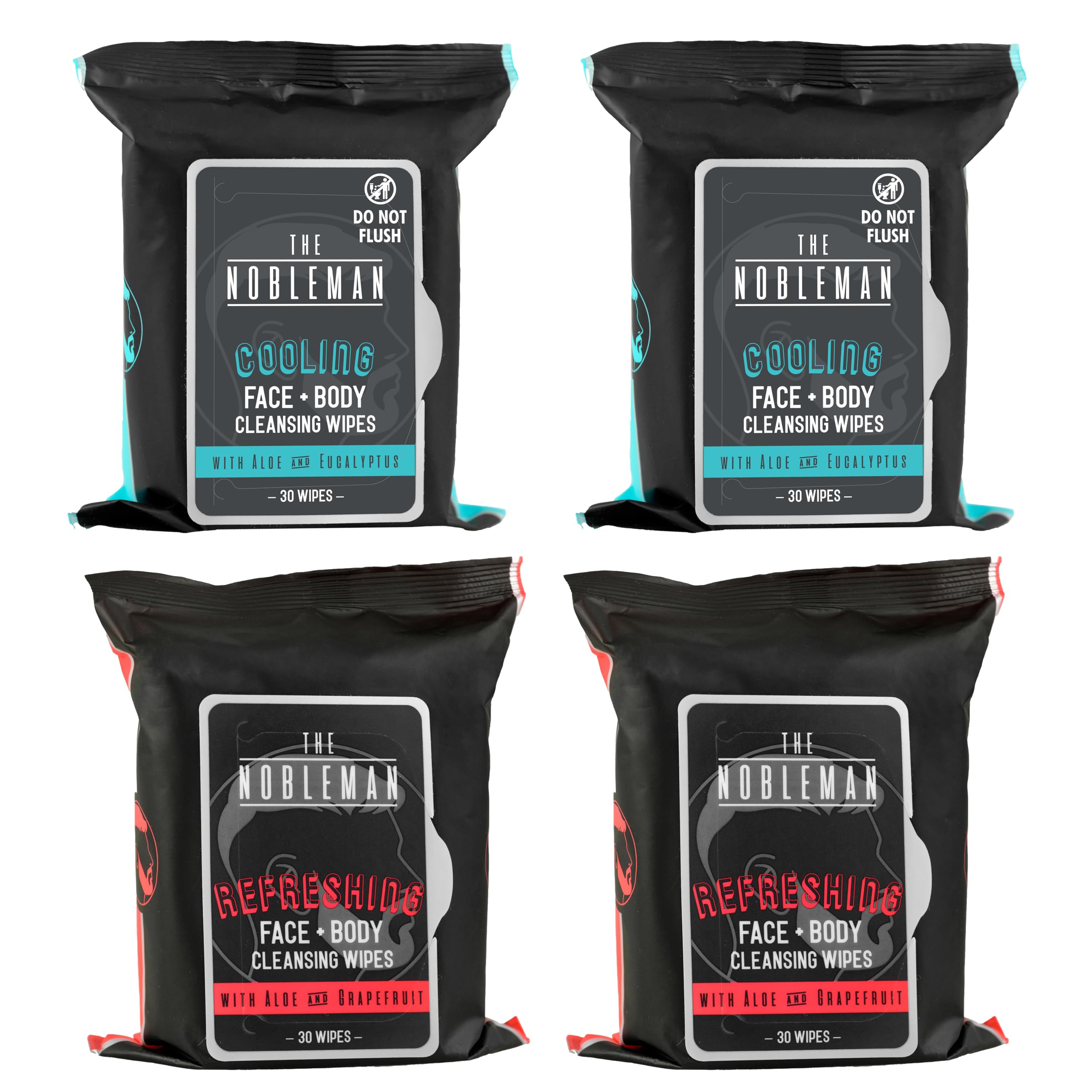 The Nobleman Cooling Face + Body Cleansing Wipes (120 Wipes) - 2 Packs Aloe & Eucalyptus + 2 Packs of Aloe & Grapefruit – Refreshing, Soothing, Non-Greasy, Skin Revitalizer