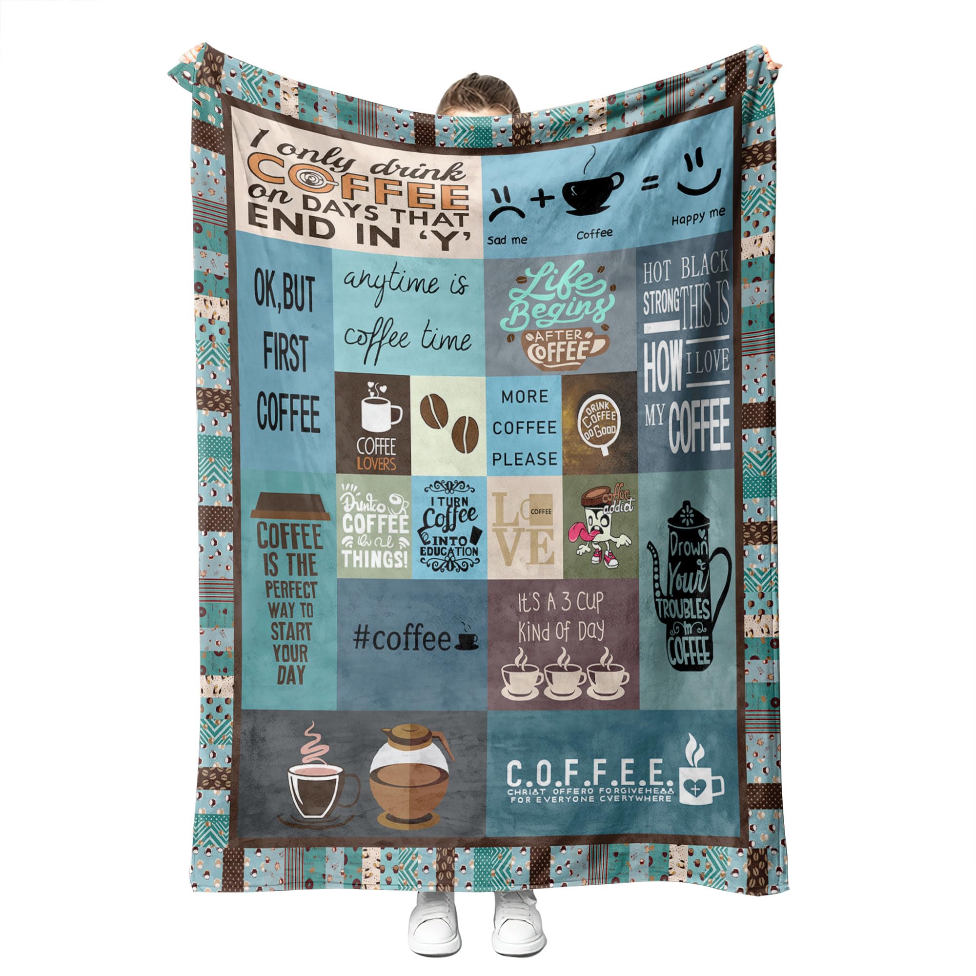 YunTuCoffee Throw Blanket for Coffee Lovers Gifts for Coffee Lovers Women Soft and Fuzzy Fleece Coffee Blanket Coffee Gifts for Men and Women (Blue Coffee, 130x150cm(50x60inch))