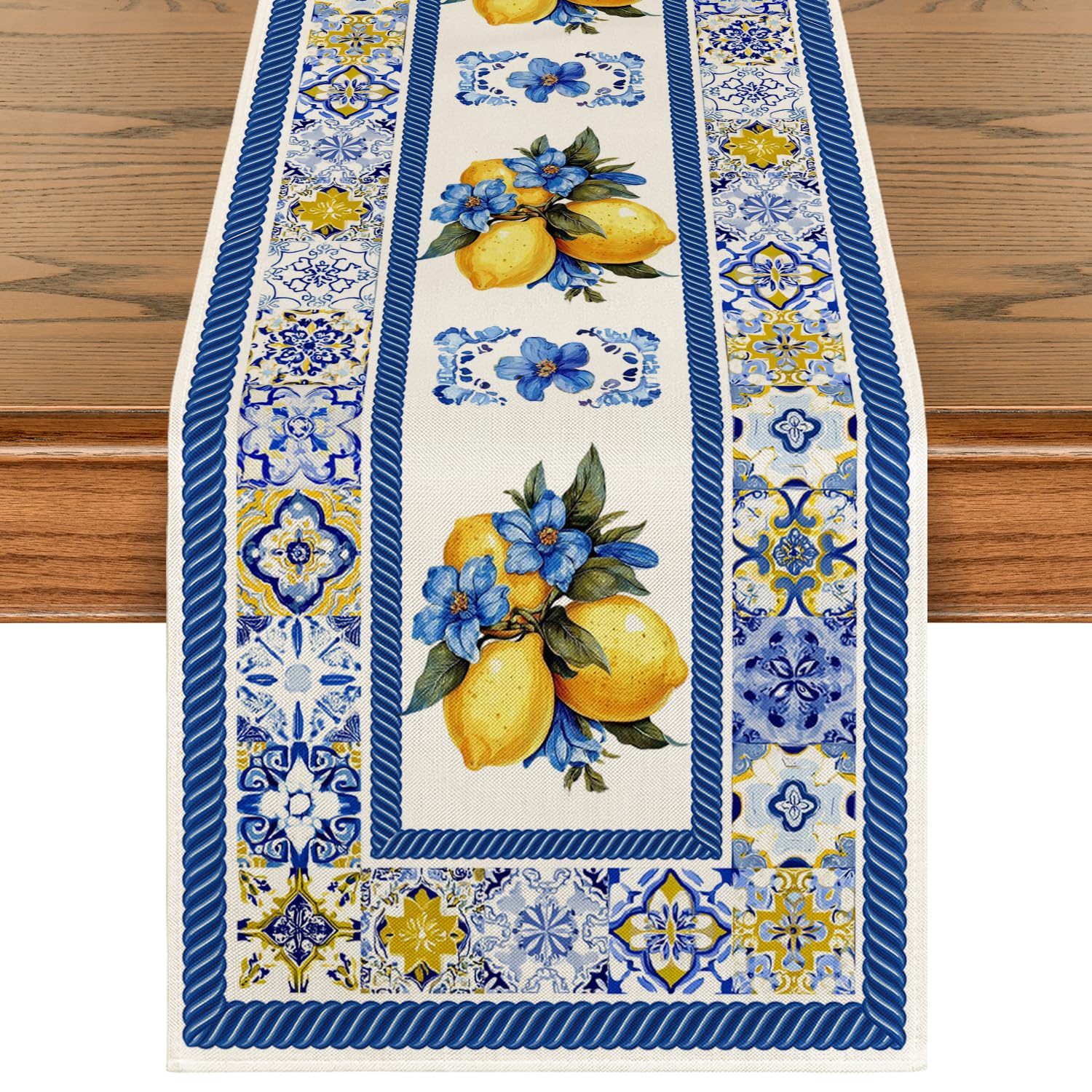 Artoid Mode Flores de limão azul e branco porcelana 210 GSM caminho de mesa de verão,