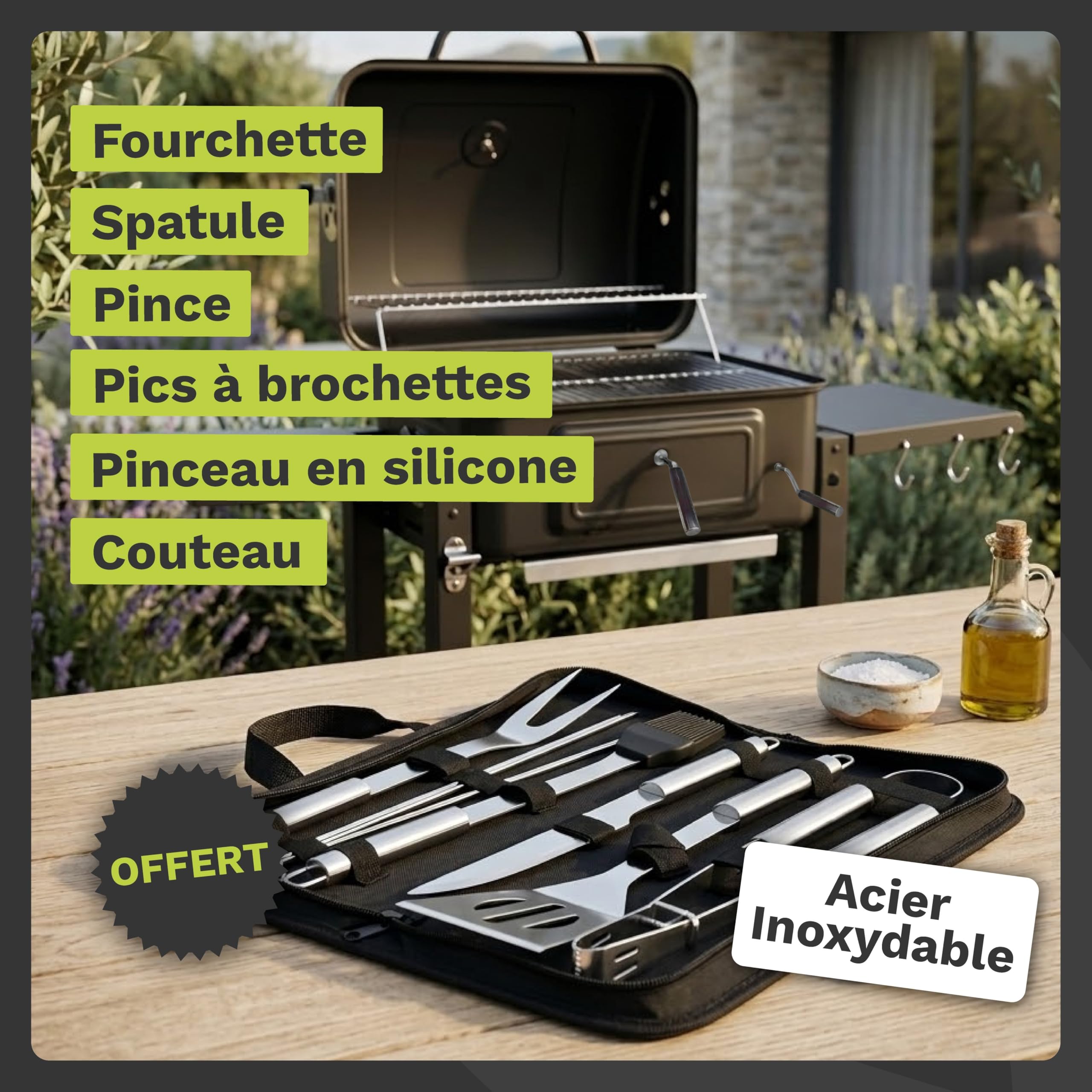 Barbecue Charbon de Bois avec Couvercle | Hauteur de Braise Ajustable | Grille de Cuisson XL 54x43 cm | 2 Tablettes Latérales Rabattables | Ustensiles Offerts | Récupérateur de Cendres