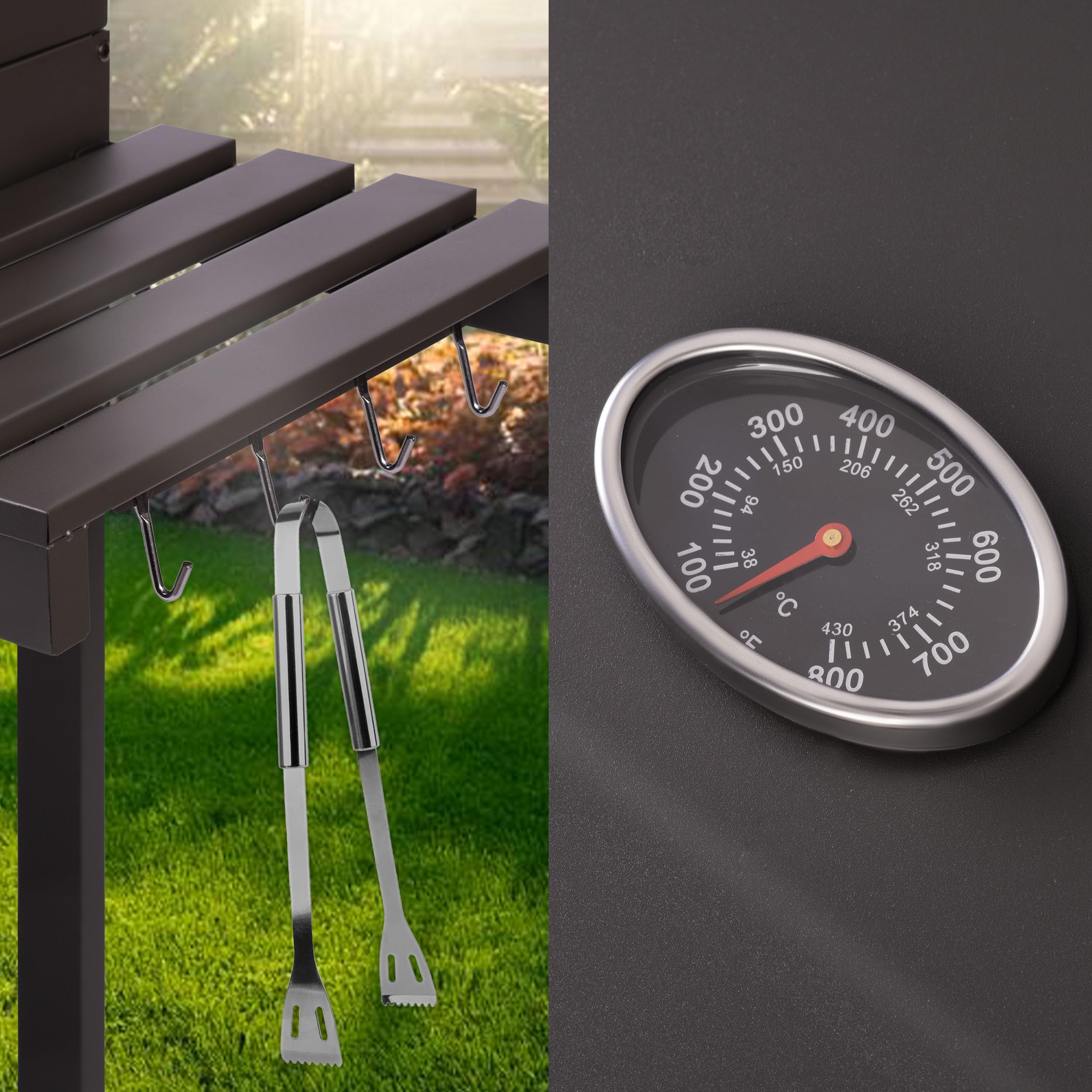 Berdsen Grill Węglowy Ogrodowy BBQChef z Kominem i Żeliwnym Rusztem 41,5 x 57 cm - Regulowane Palenisko, Termometr, Składane Półki, Szafka - Przenośny na Kołach - Antracytowy