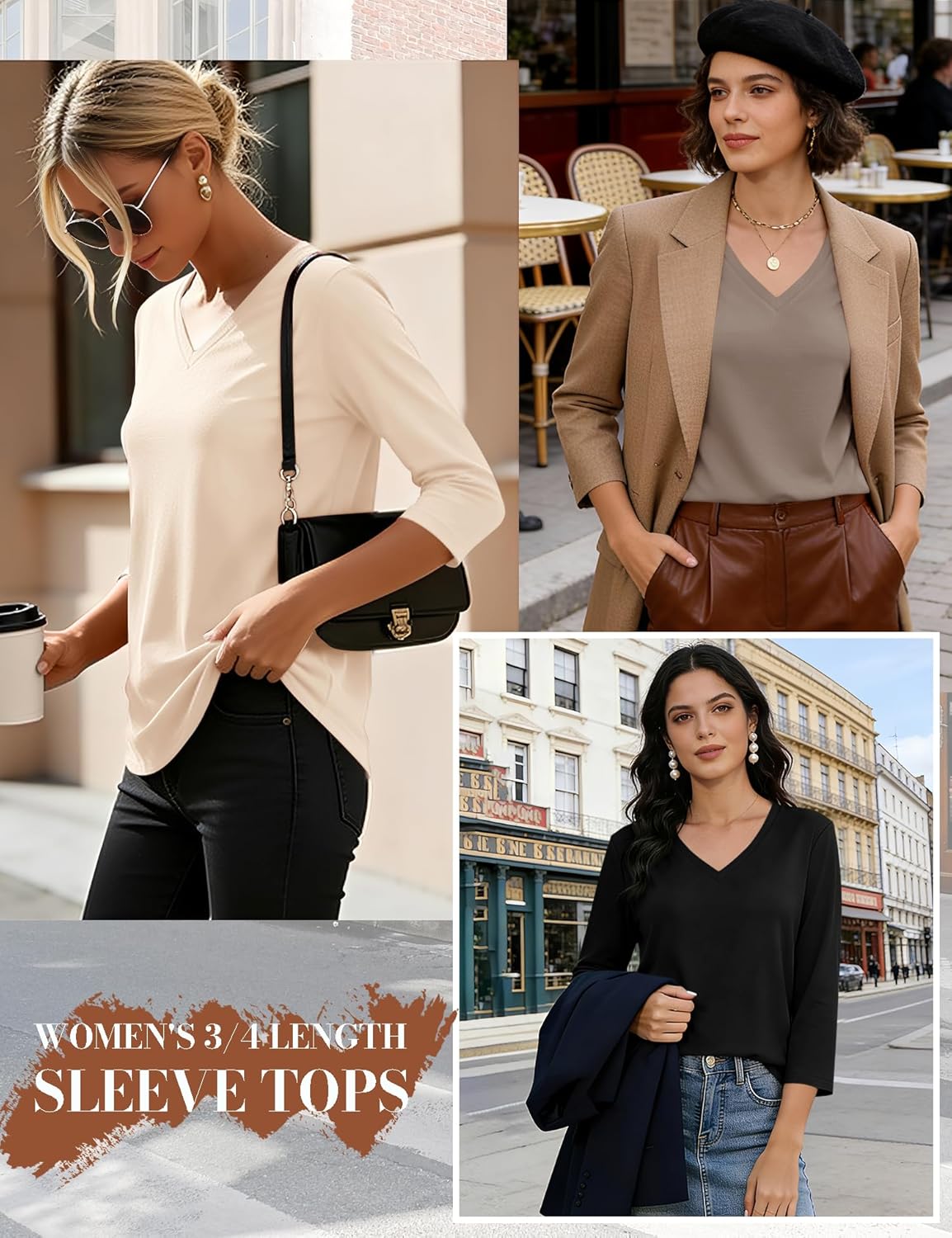 LOMON 3 Pack Tops for Women 3/4 Sleeve V Neck Basics Tees Business Casual Summer T Shirts