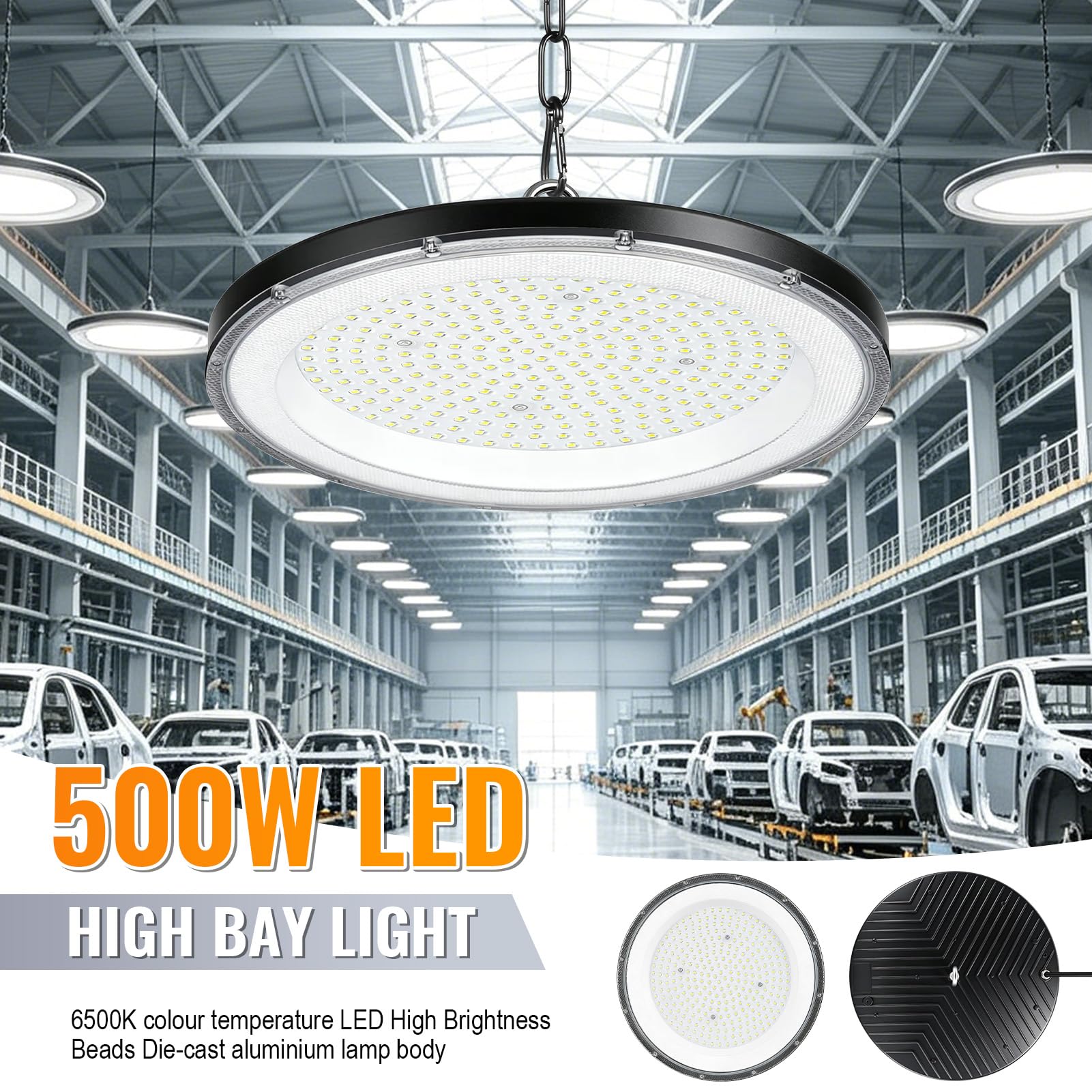 papasbox 4 Pack 500W LED lampada da soffitto per officina 6500K bianco freddo faretto da soffitto 50000lm | IP65 impermeabile UFO illuminazione per capannoni faretto lampada industriale