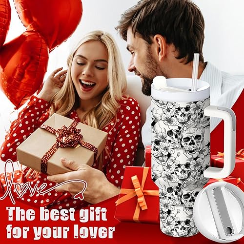 Miniatura 6 de Equoza Idea de regalo de terror para hombres, vaso de viaje de acero inoxidable de 40 onzas con diseño de calavera de flores, de Halloween, con asa,